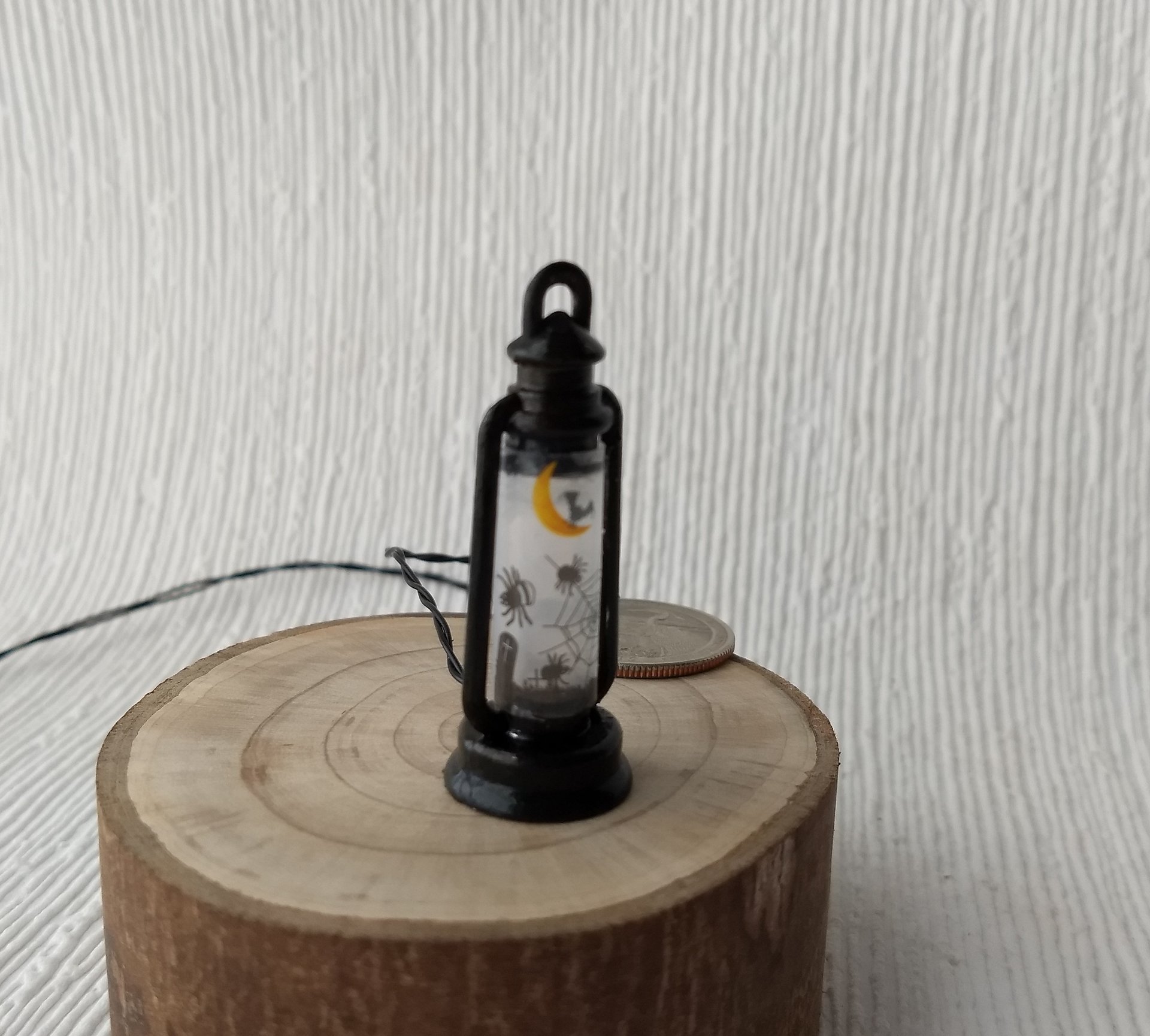 1:12 Dollhouse miniature Halloween themed lantern Battery operated metal lantern with external wires (Ref Spiderweb)