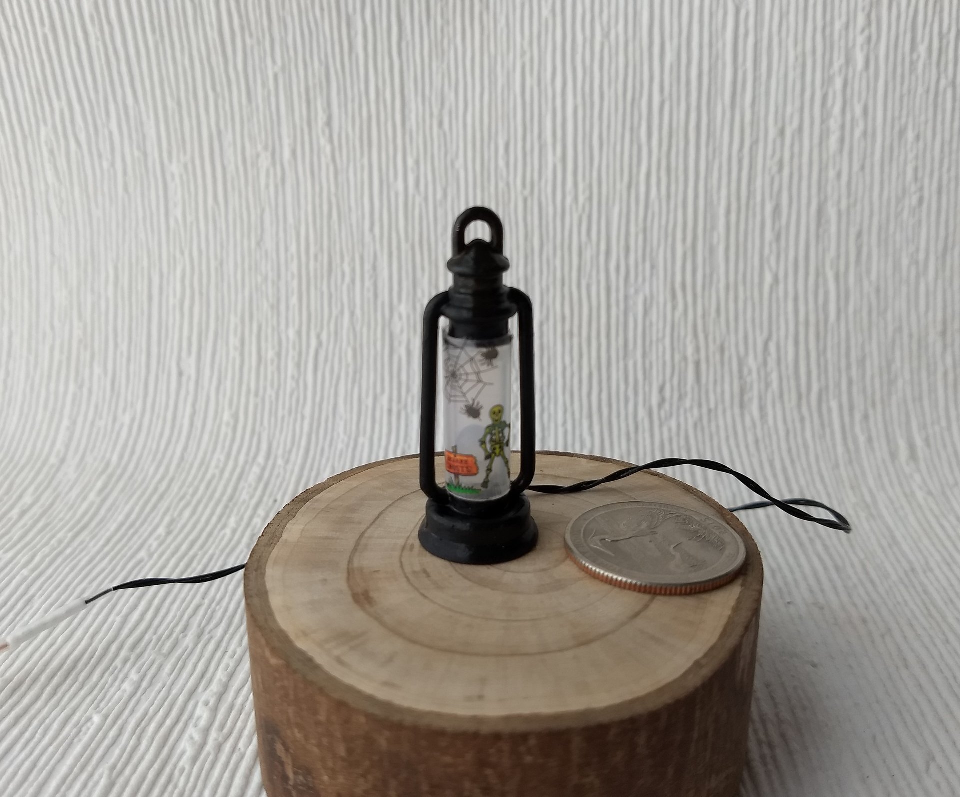 1:12 Dollhouse miniature Halloween themed lantern Battery operated metal lantern with external wires (Ref Skeleton)