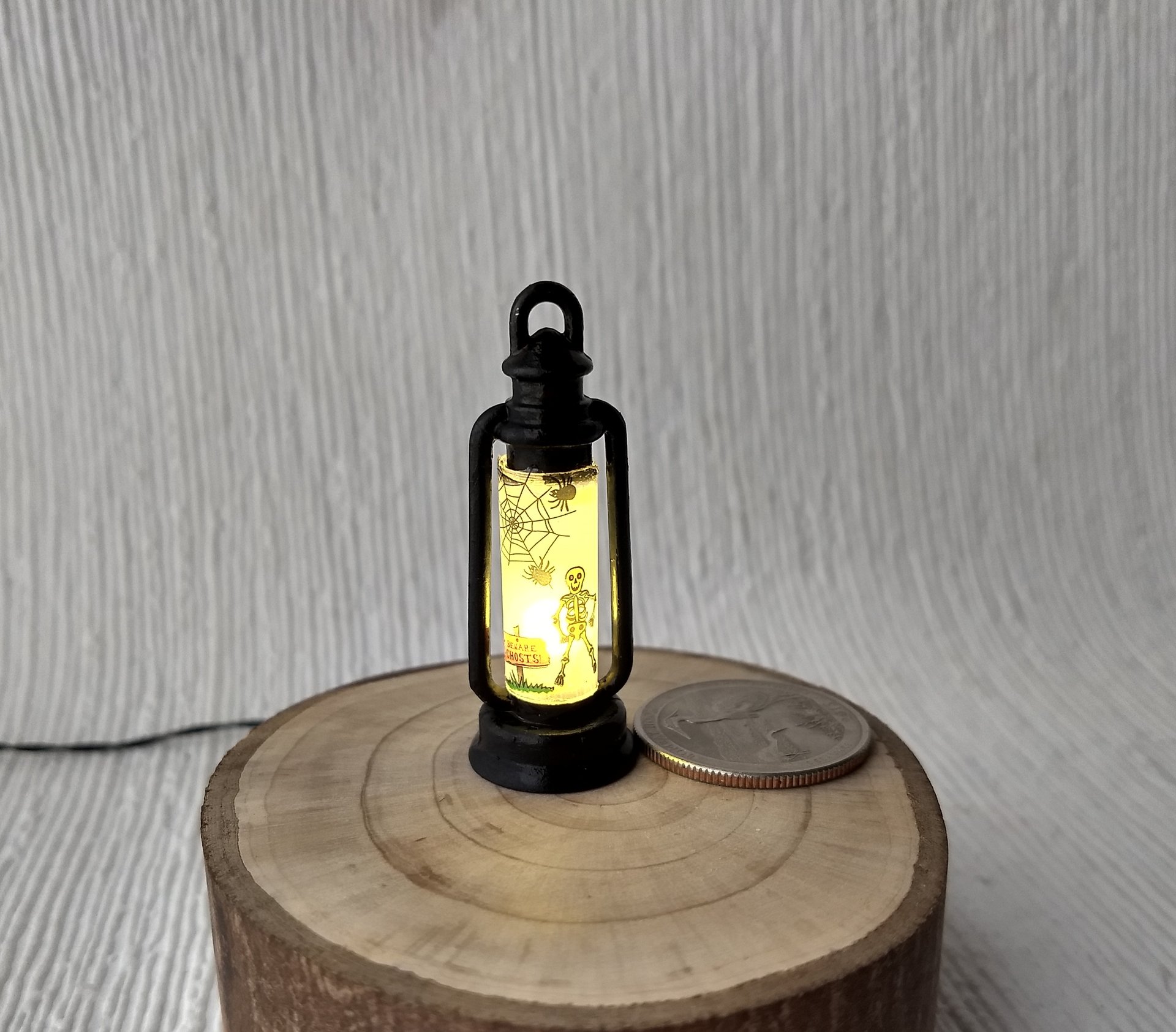 1:12 Dollhouse miniature Halloween themed lantern Battery operated metal lantern with external wires (Ref Skeleton)