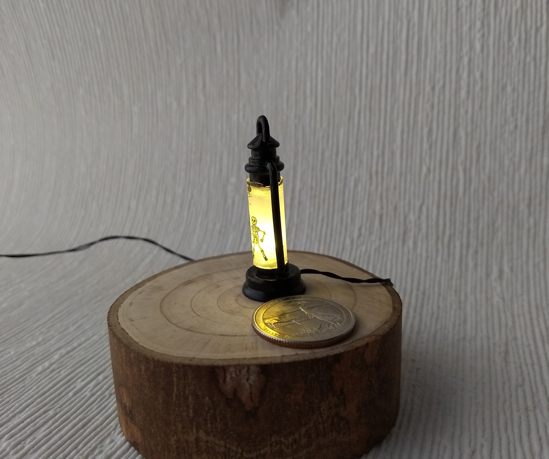 1:12 Dollhouse miniature Halloween themed lantern Battery operated metal lantern with external wires (Ref Skeleton)