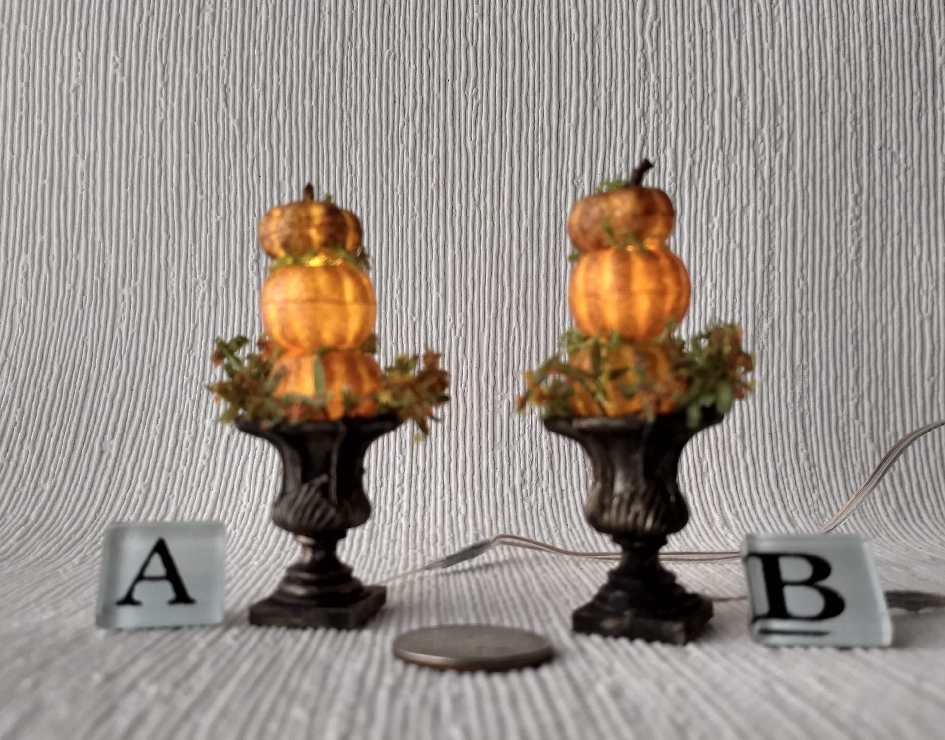 1:12 Dollhouse miniature stacked pumpkins topiary Light up pumpkins in black planter battery operated with external wires Price is for each unit