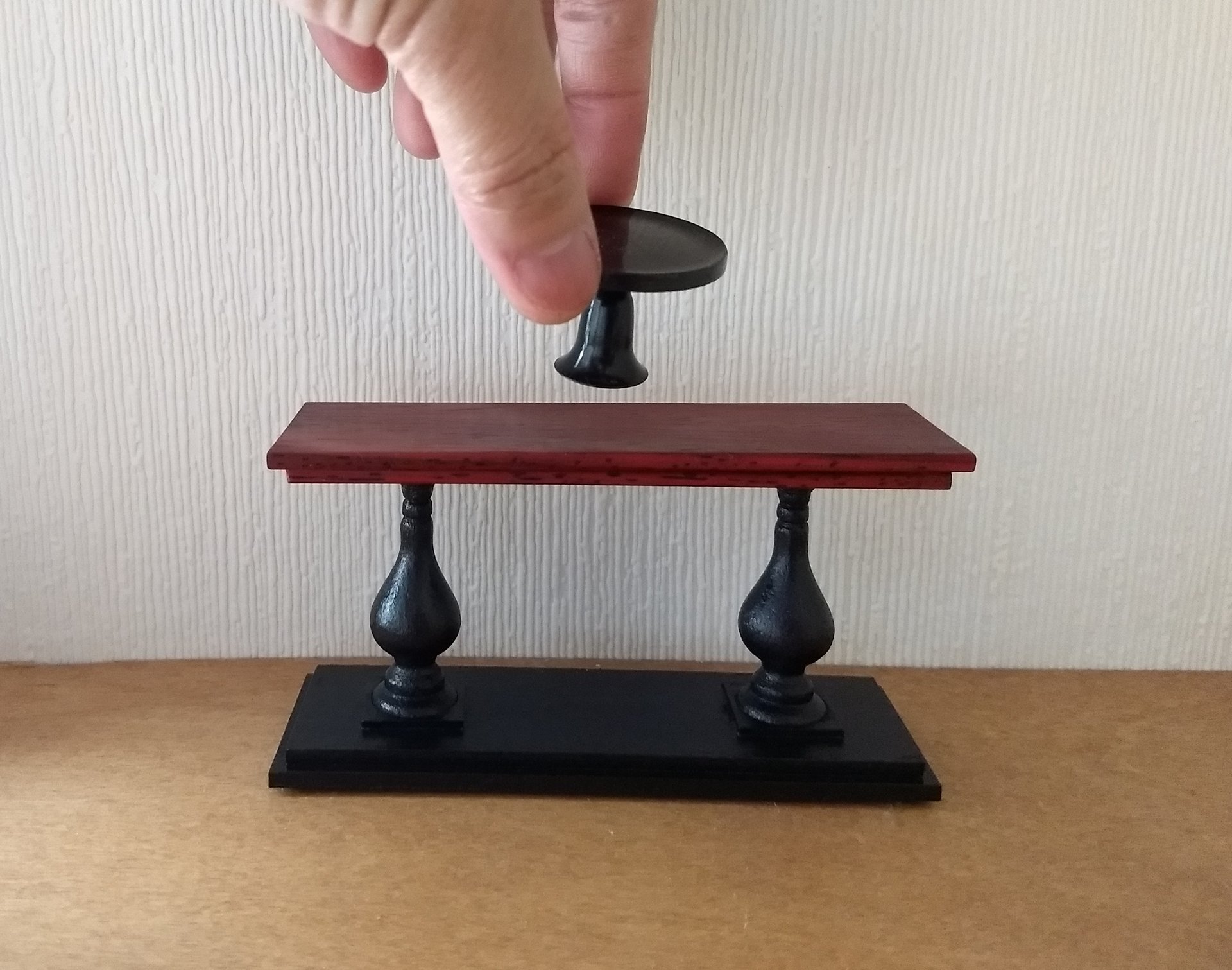 1:12 Dollhouse miniature console table with solid padauk wood top and double pedestal Entryway hall table