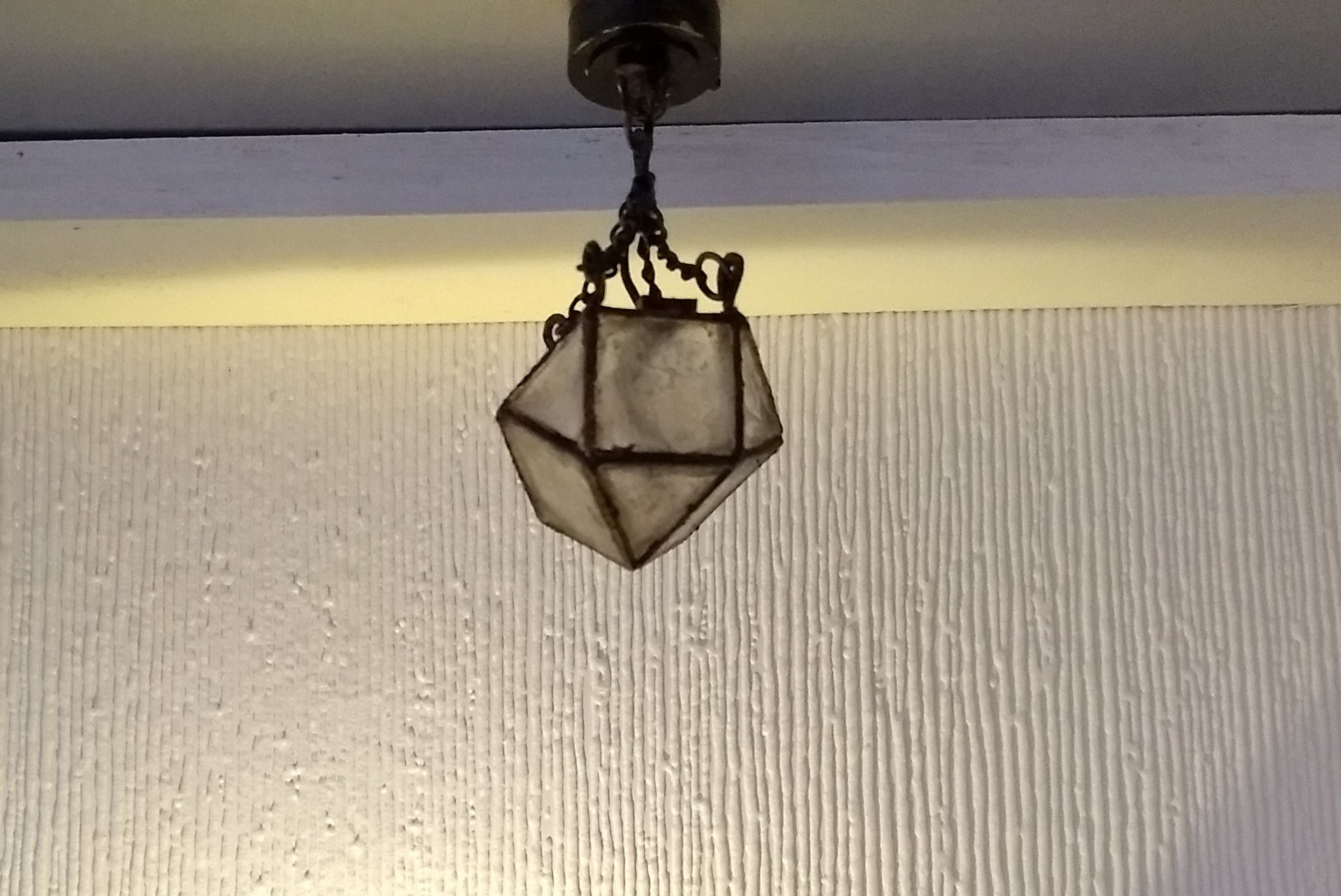 1:12 Dollhouse haunted house ceiling light Battery operated distressed chandelier with faux glass shade and rusty frame and chains