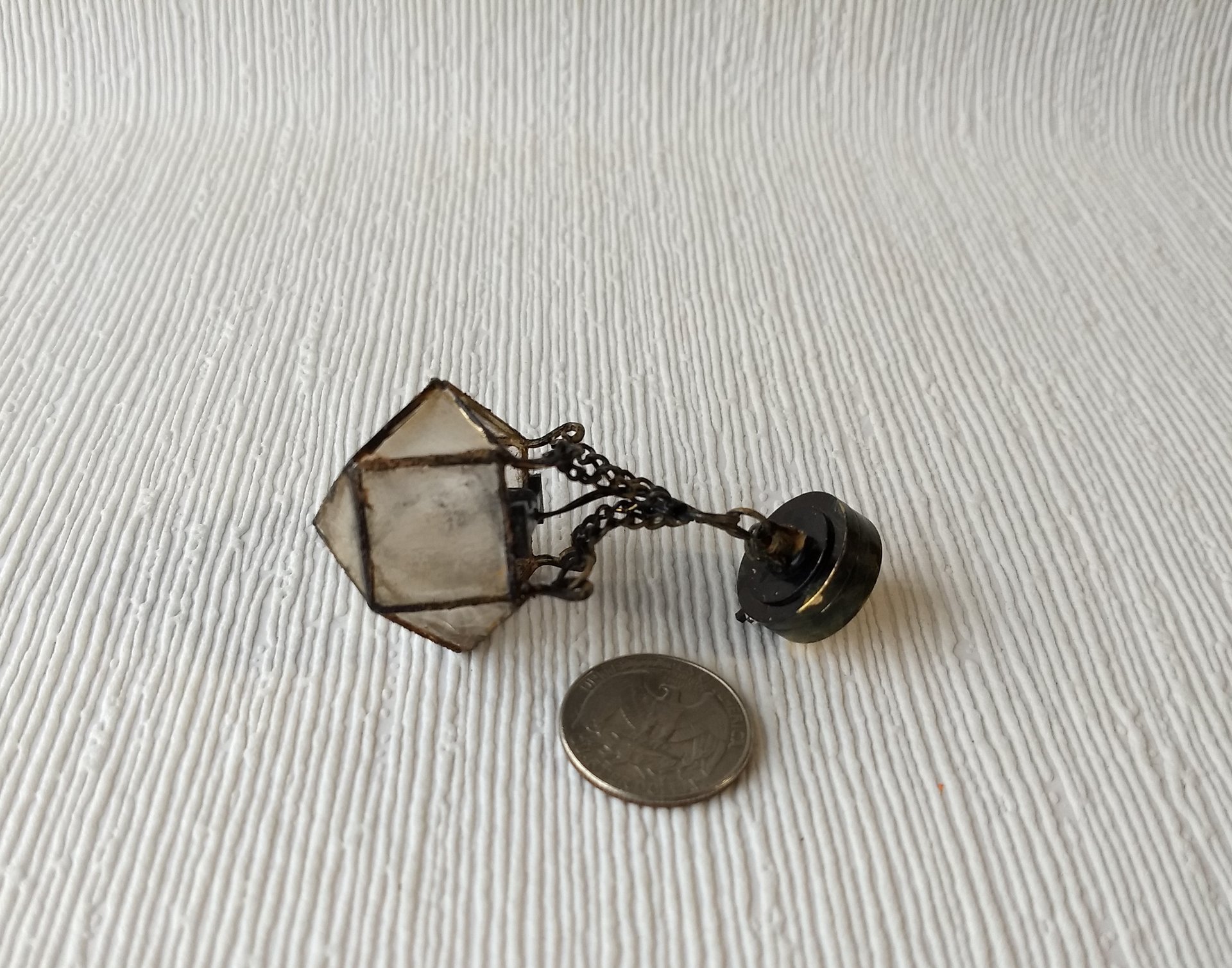 1:12 Dollhouse haunted house ceiling light Battery operated distressed chandelier with faux glass shade and rusty frame and chains