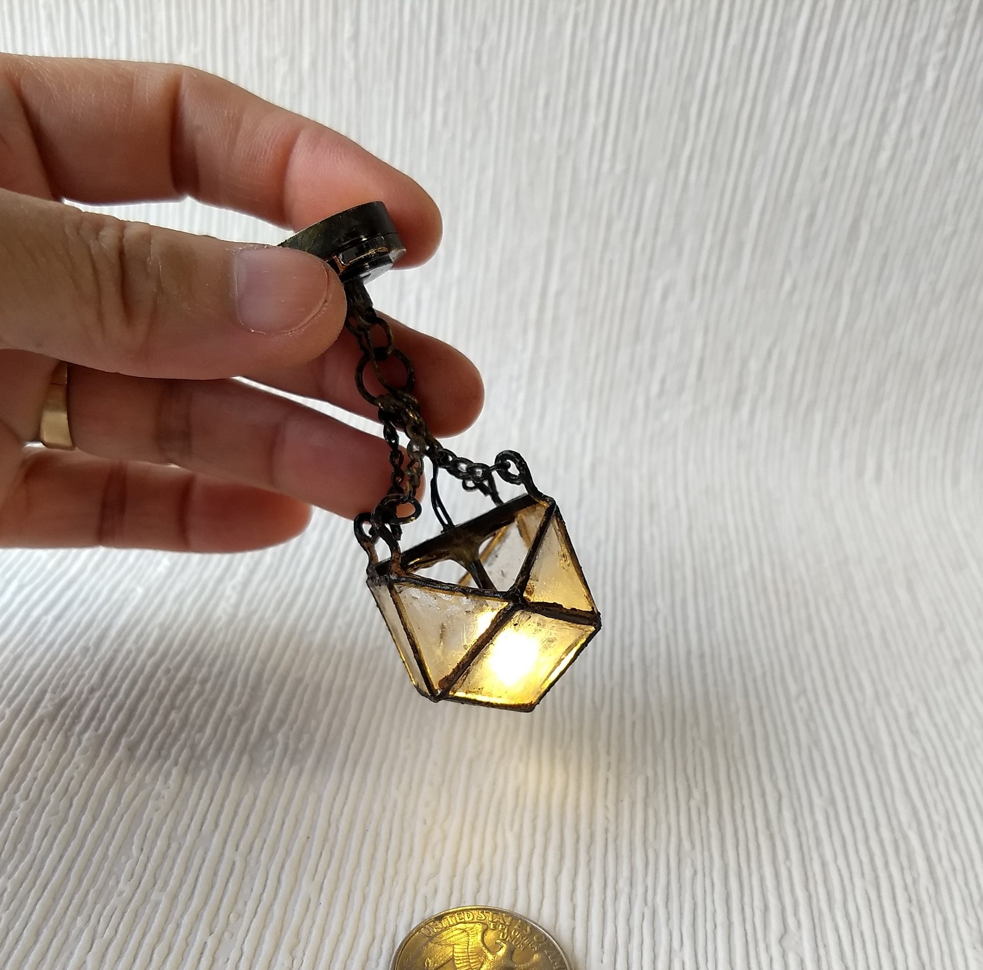 1:12 Dollhouse haunted house ceiling light Battery operated distressed chandelier with faux glass shade and rusty frame and chains