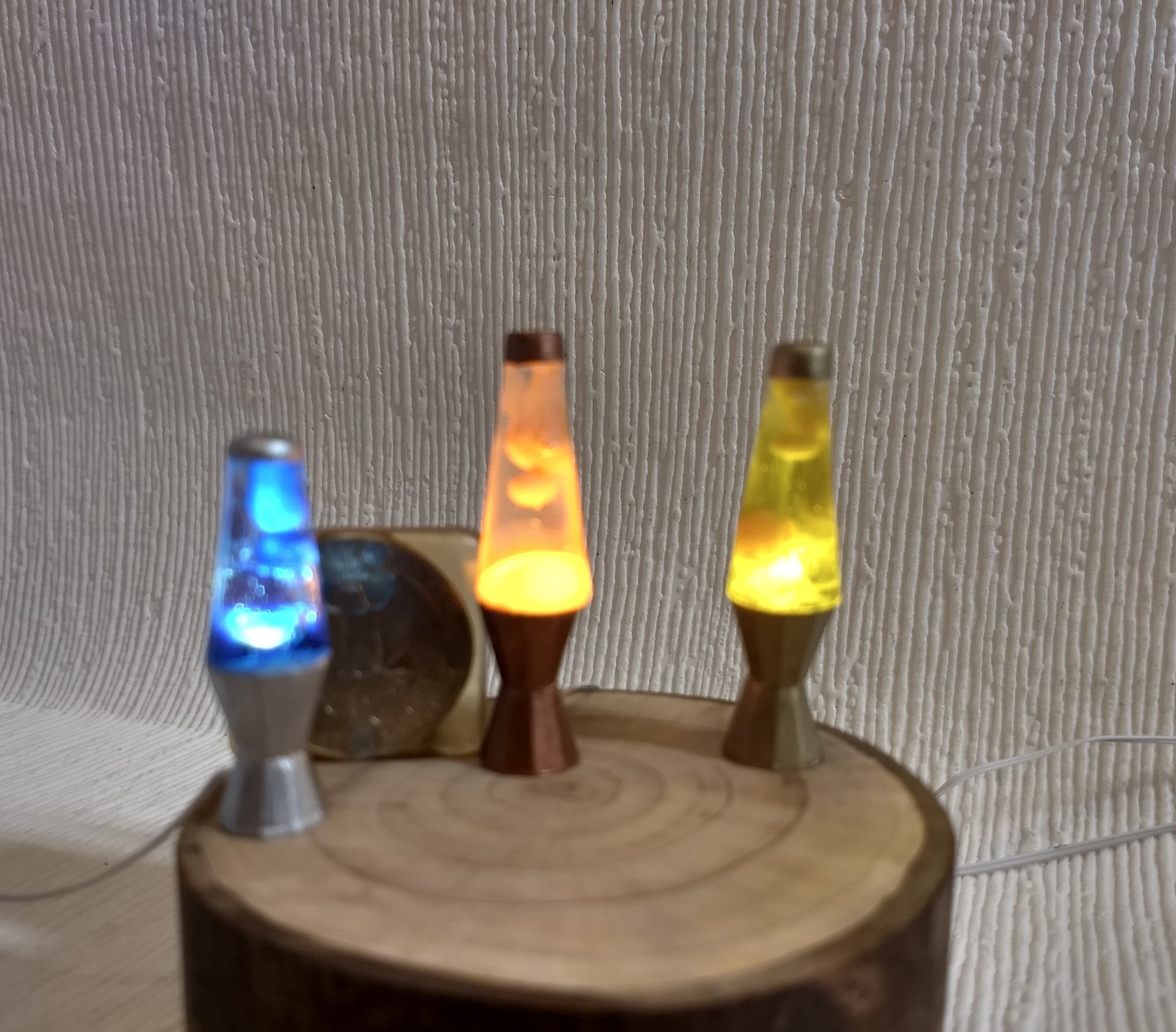 1:12 Dollhouse miniature retro lava lamp Battery operated LED table lamp MCM style with external wires Mid-century nostalgic lamp  REF Yellow liquid