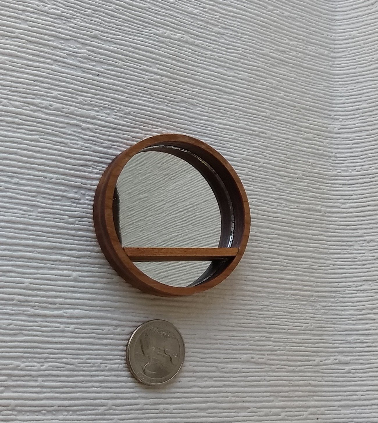 1:12 Dollhouse accent mirror Rustic round mirror with cherry wood frame and shelf