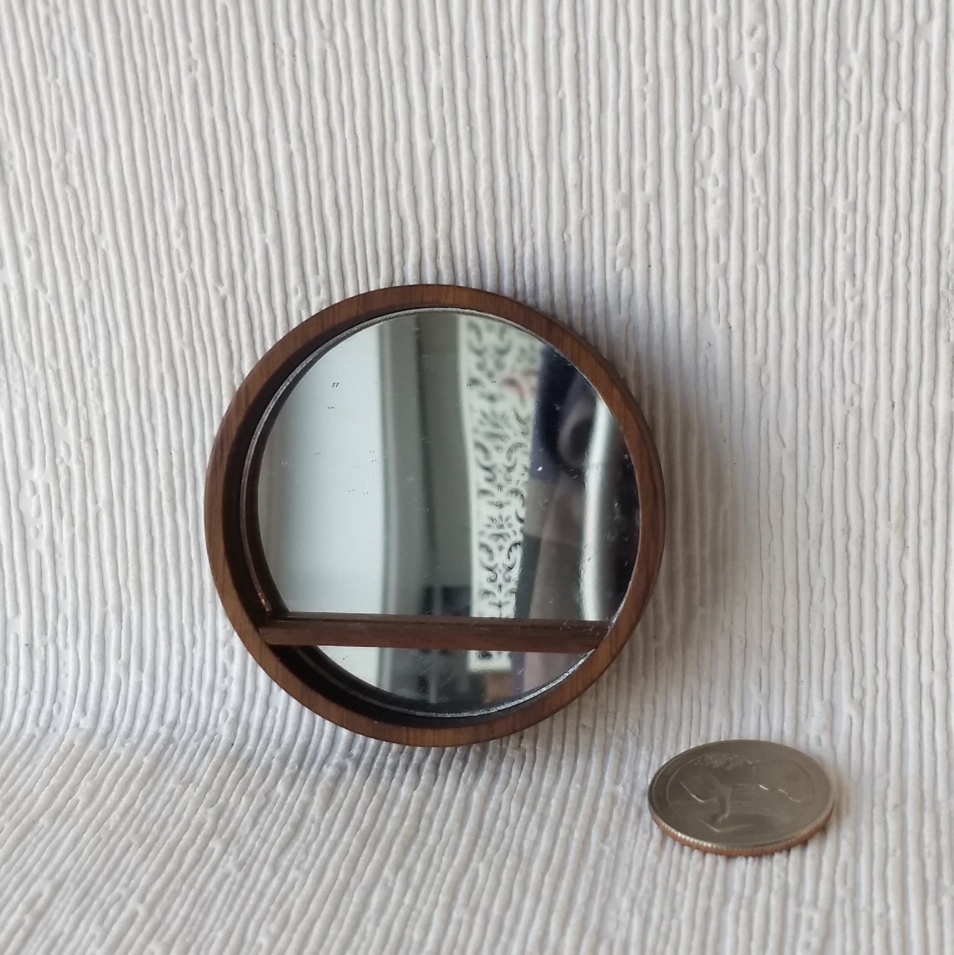 1:12 Dollhouse accent mirror Rustic round mirror with walnut wood frame and shelf