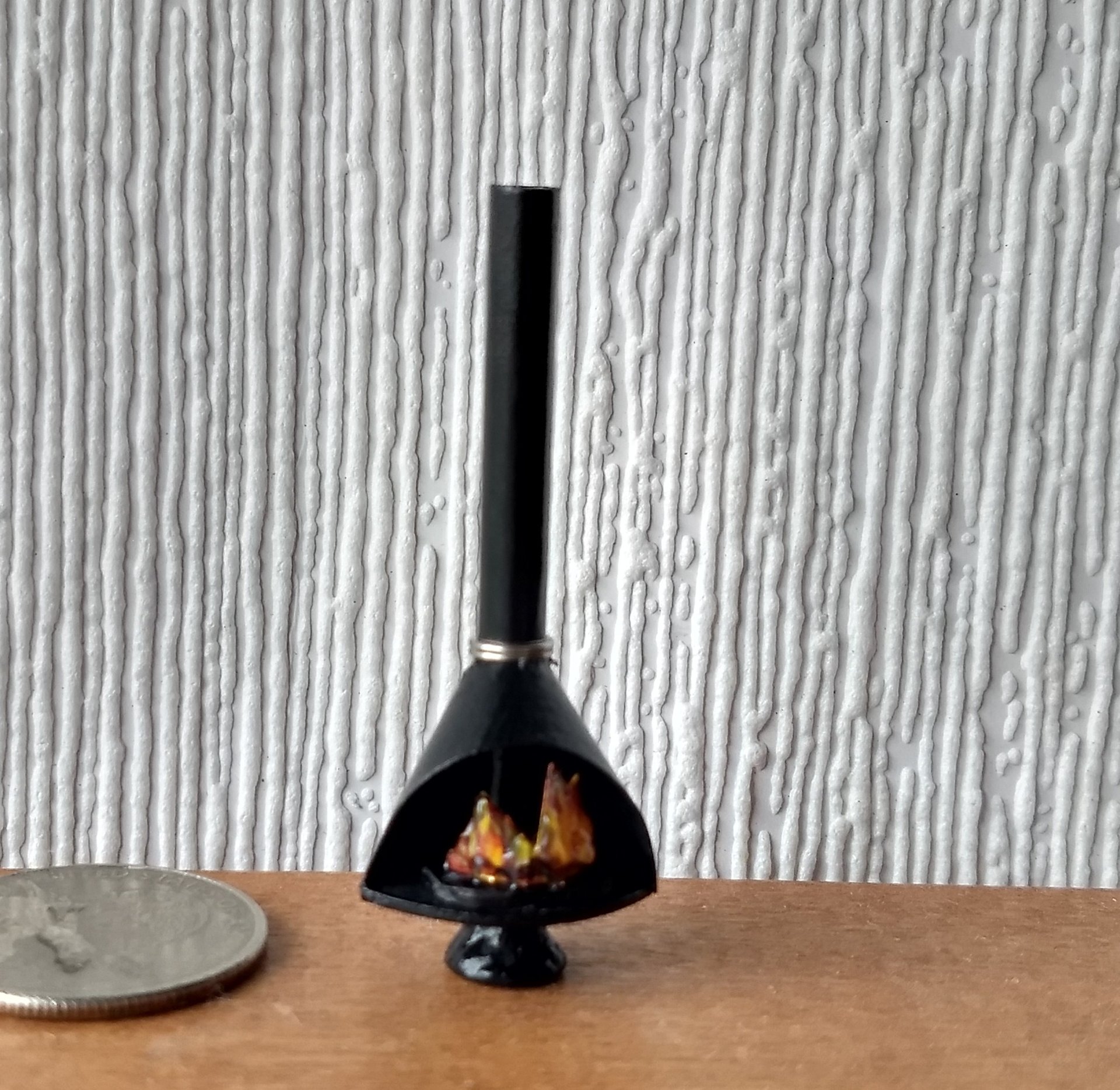 1:48 1/4 inch scale dollhouse mid-century styled cone fireplace in black with logs and faux flames Quarter scale As home decor in 1:12 scale