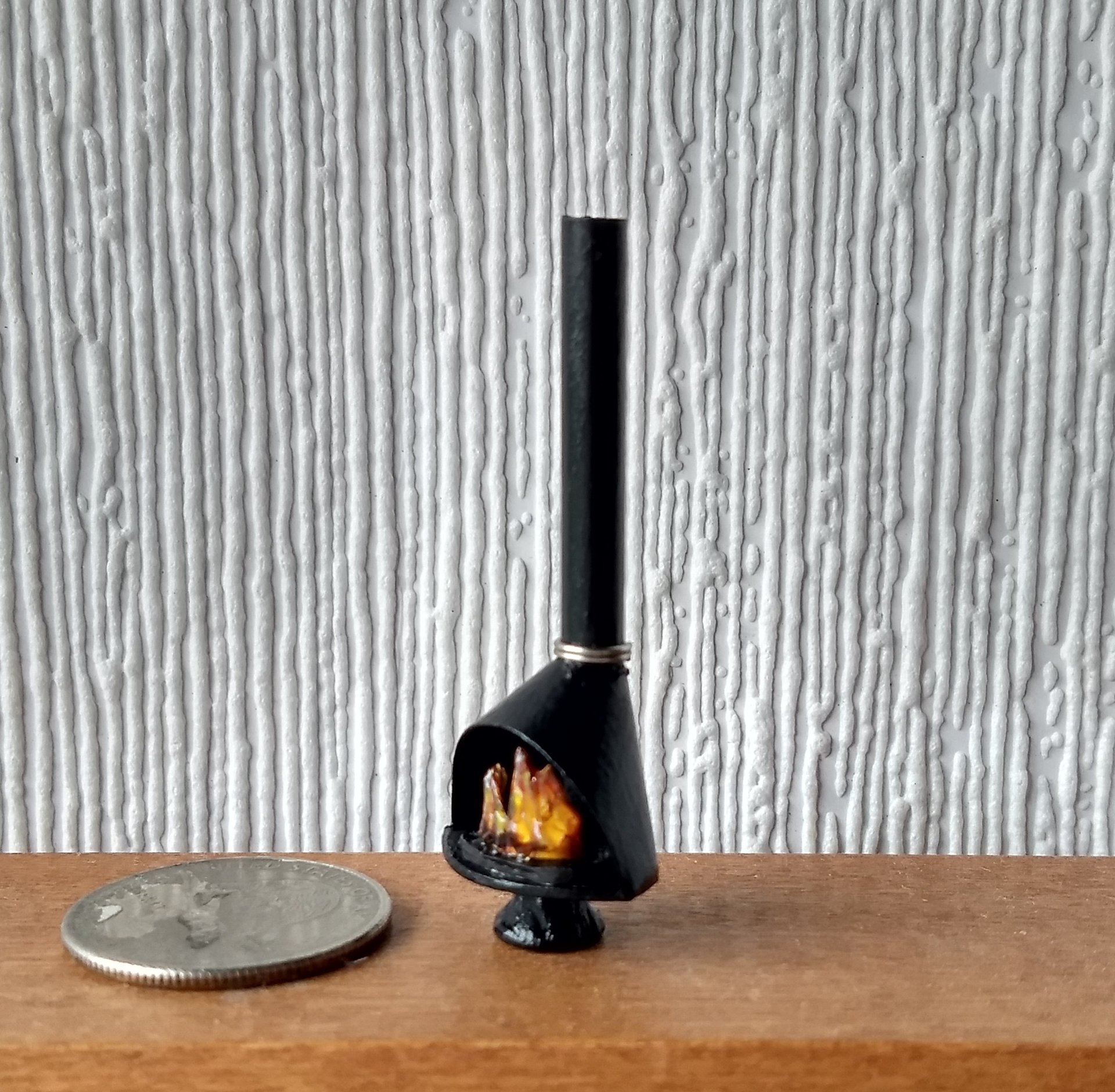 1:48 1/4 inch scale dollhouse mid-century styled cone fireplace in black with logs and faux flames Quarter scale As home decor in 1:12 scale