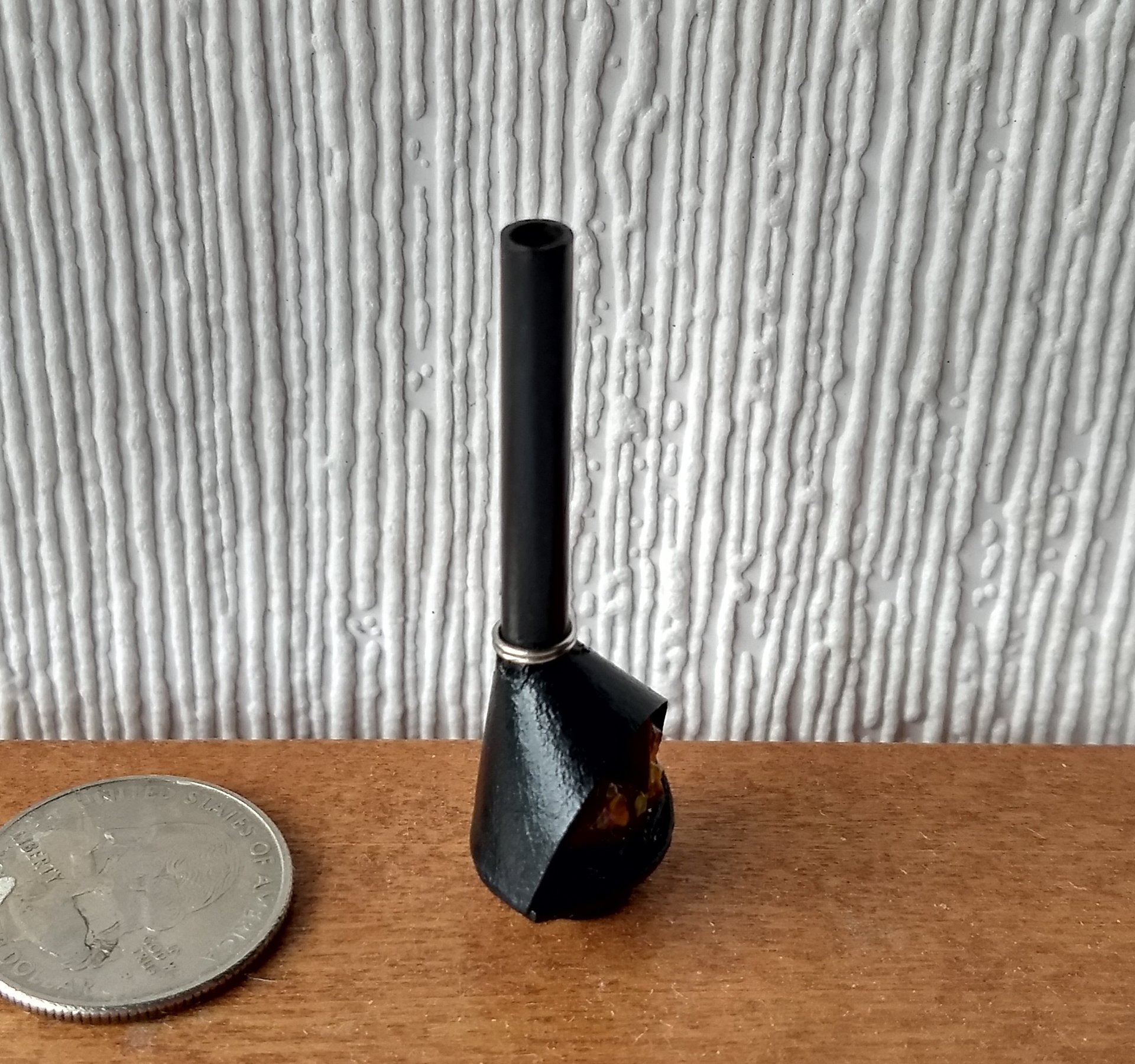 1:48 1/4 inch scale dollhouse mid-century styled cone fireplace in black with logs and faux flames Quarter scale As home decor in 1:12 scale