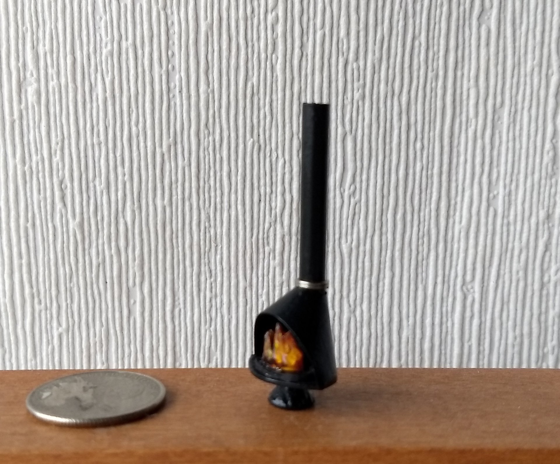 1:48 1/4 inch scale dollhouse mid-century styled cone fireplace in black with logs and faux flames Quarter scale As home decor in 1:12 scale