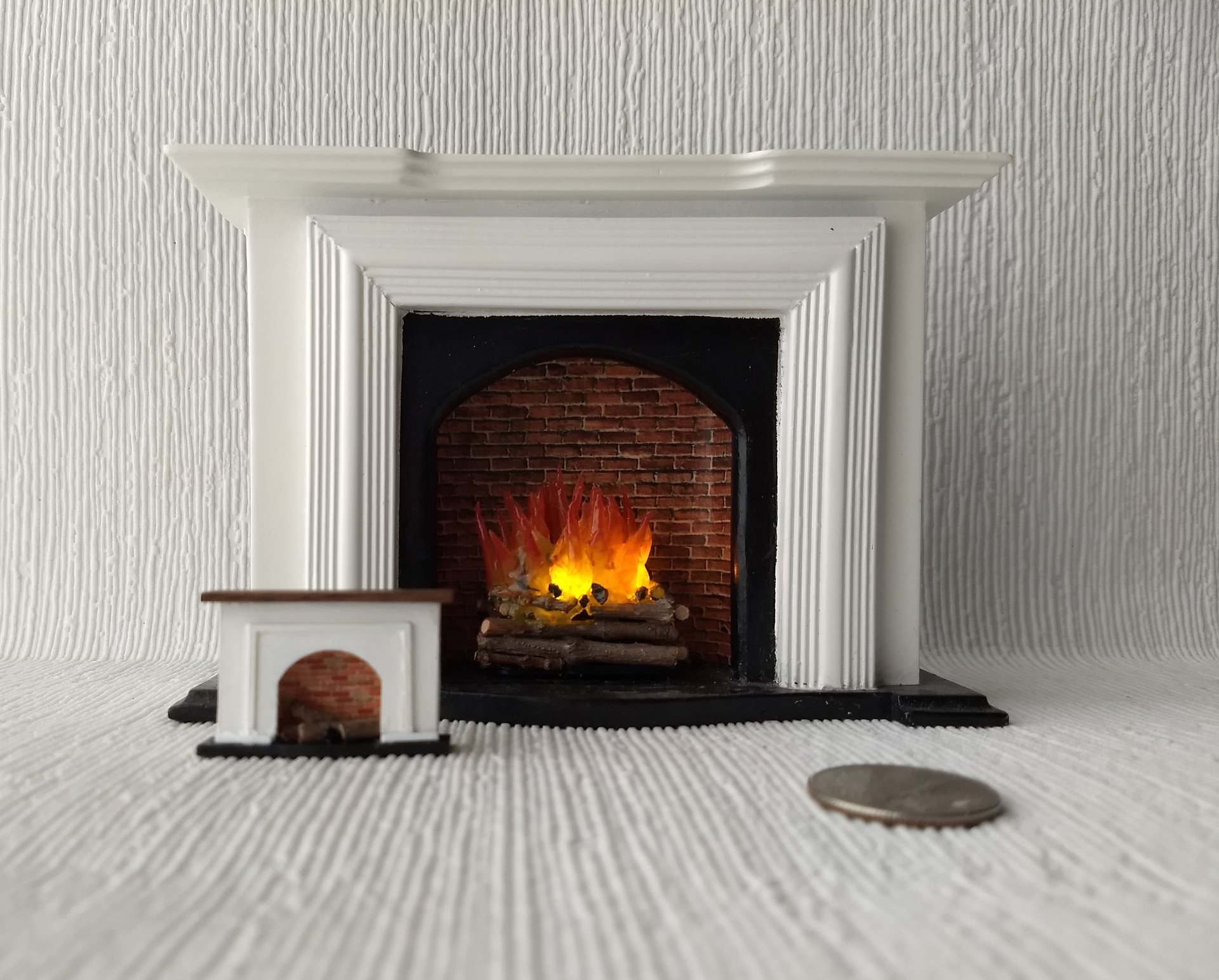 1:48 1/4 inch scale dollhouse miniature fireplace with walnut wood mantel faux brick firebox Quarter scale As home decor in 1:12 scale