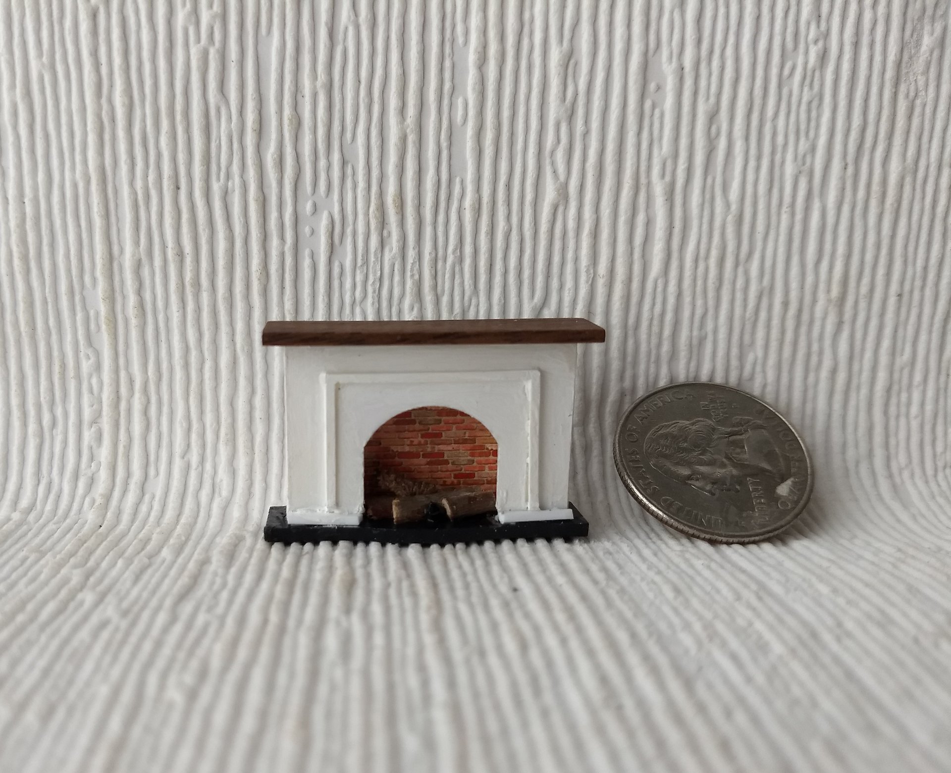 1:48 1/4 inch scale dollhouse miniature fireplace with walnut wood mantel faux brick firebox Quarter scale As home decor in 1:12 scale