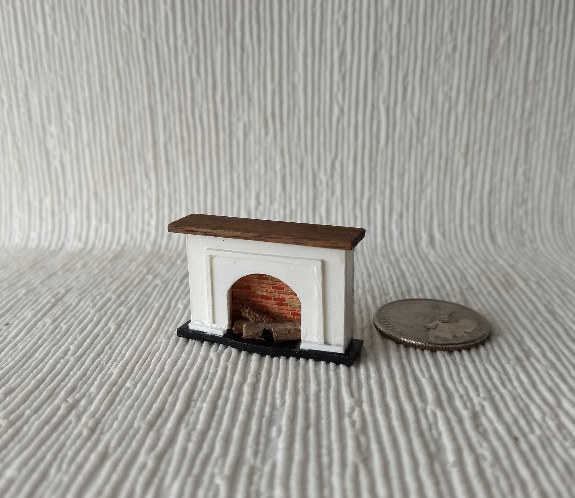 1:48 1/4 inch scale dollhouse miniature fireplace with walnut wood mantel faux brick firebox Quarter scale As home decor in 1:12 scale