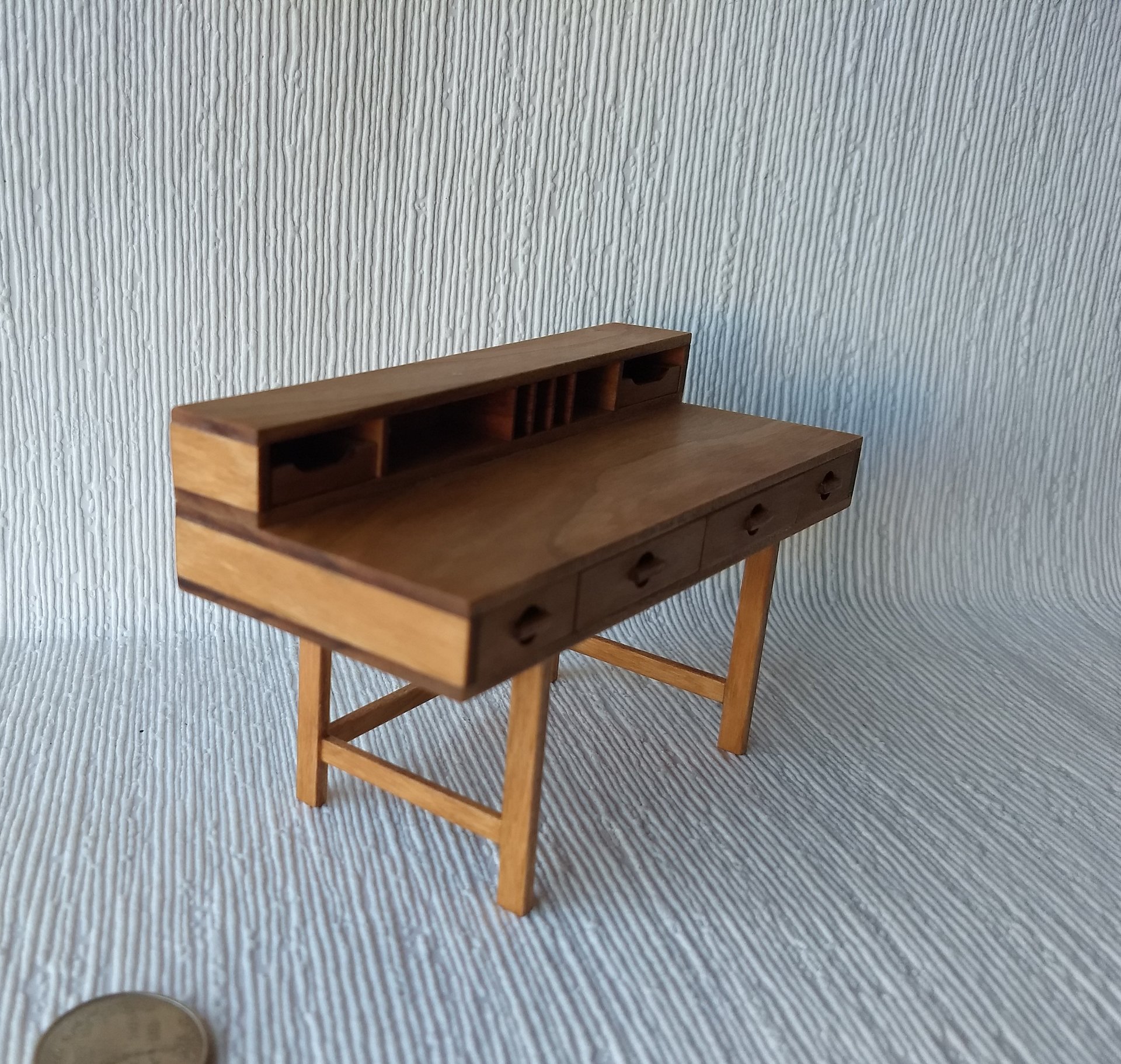 RESERVED 1:12 Dollhouse miniature mid-century inspired executive desk in solid cherry with four functional drawers two removable trays