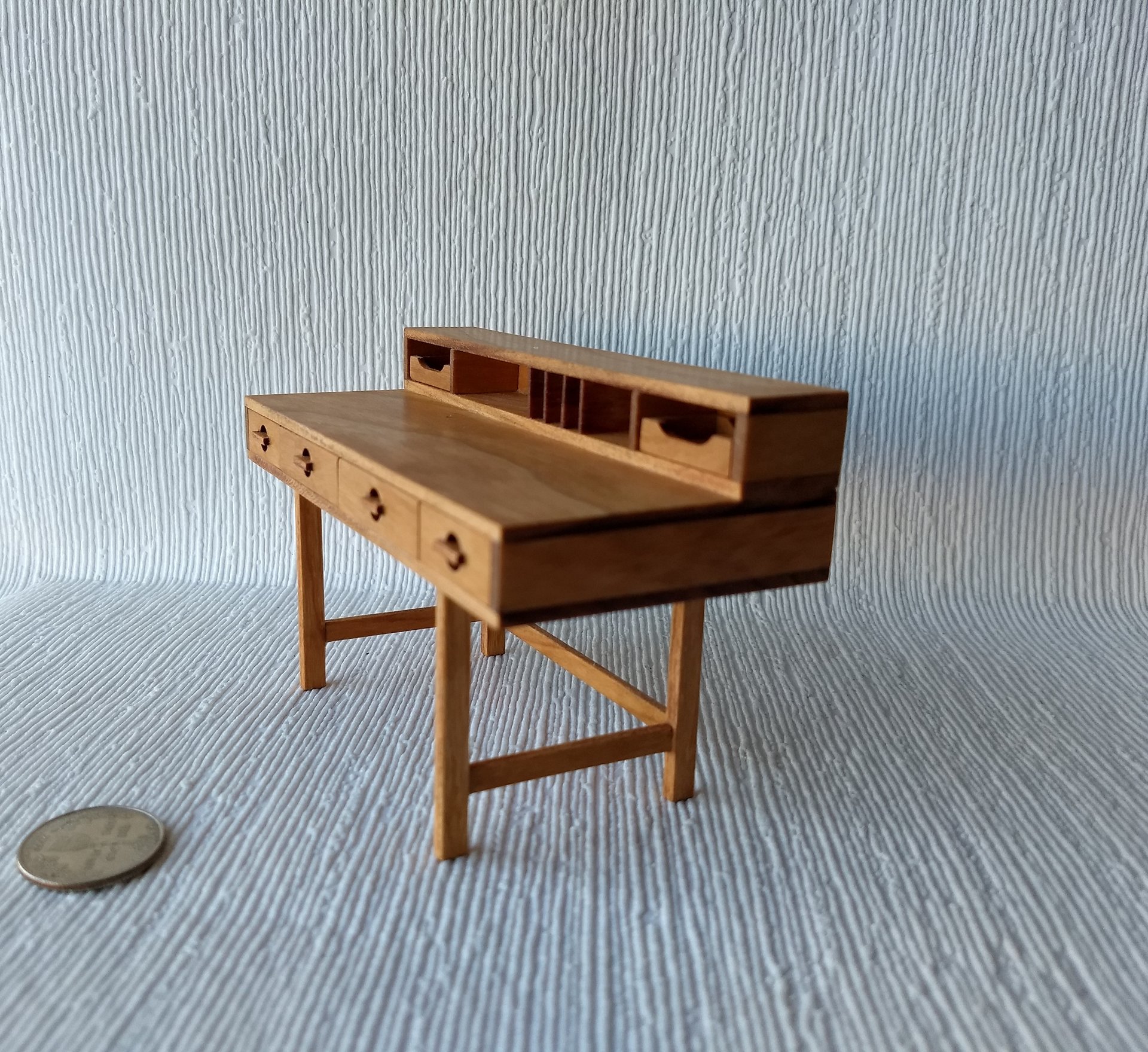 RESERVED 1:12 Dollhouse miniature mid-century inspired executive desk in solid cherry with four functional drawers two removable trays