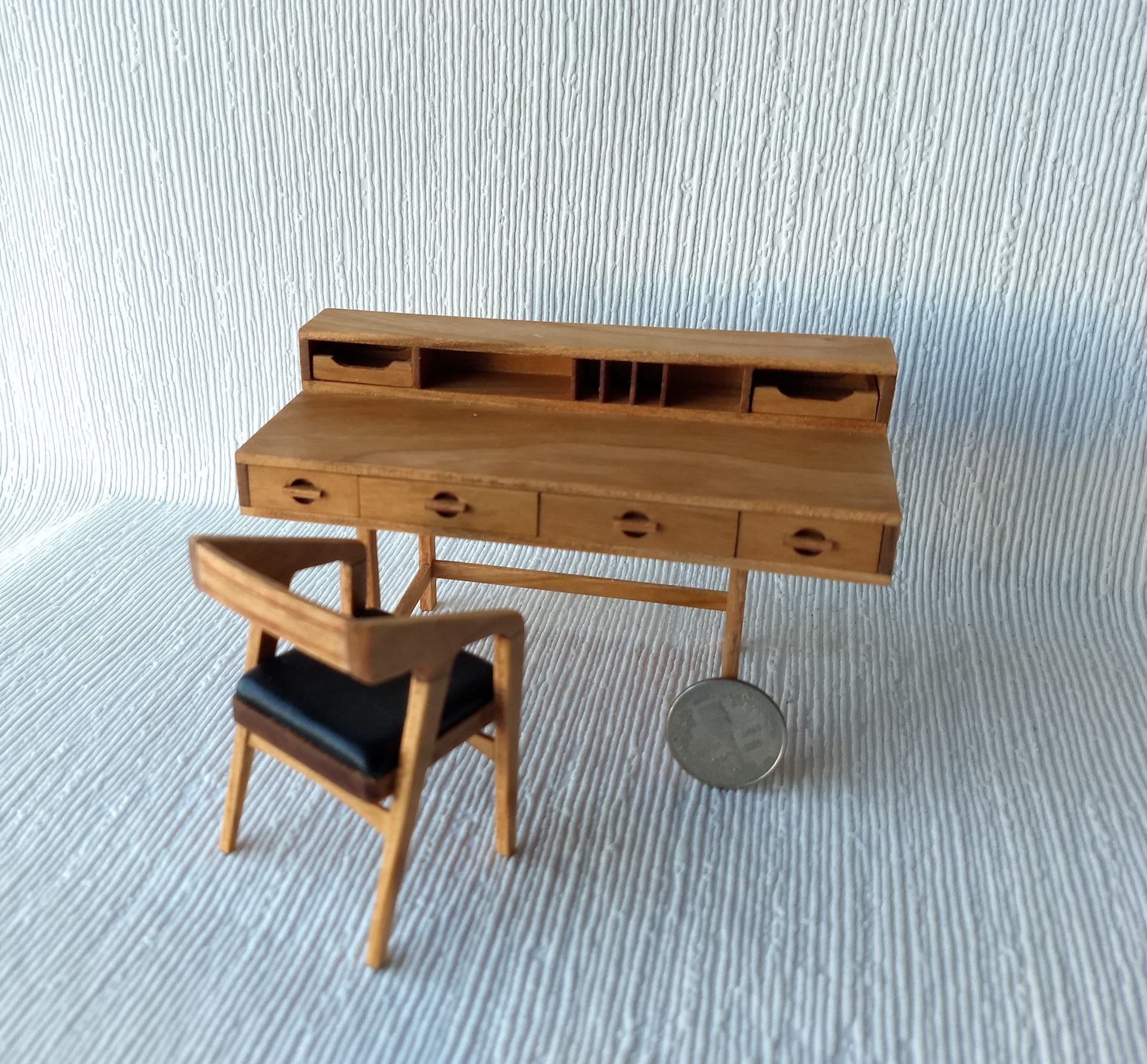 RESERVED 1:12 Dollhouse miniature mid-century inspired executive desk in solid cherry with four functional drawers two removable trays