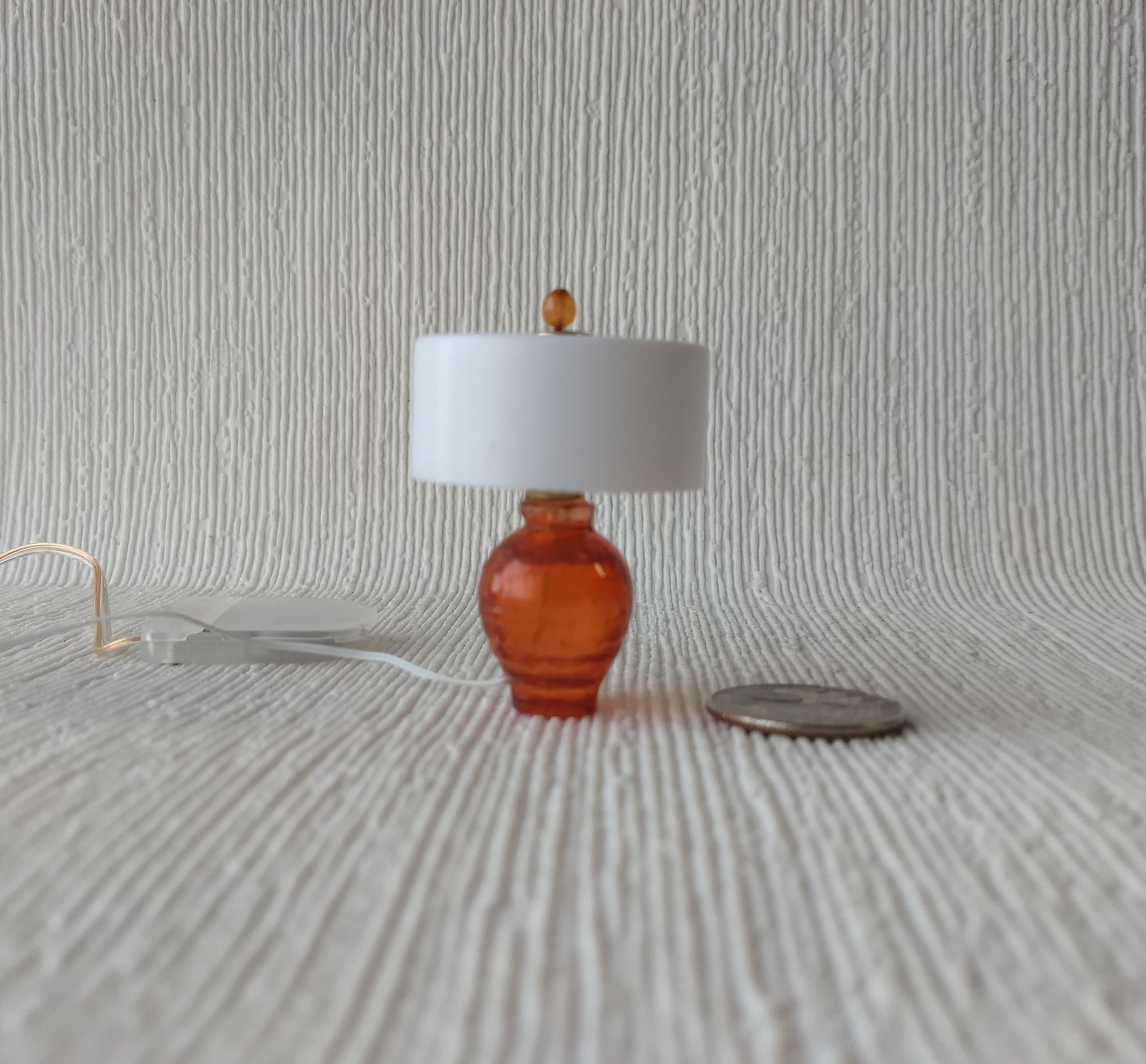 1:12 Dollhouse table lamp white drum shade and clear orange textured vase Minaiture LED lamp with external wires