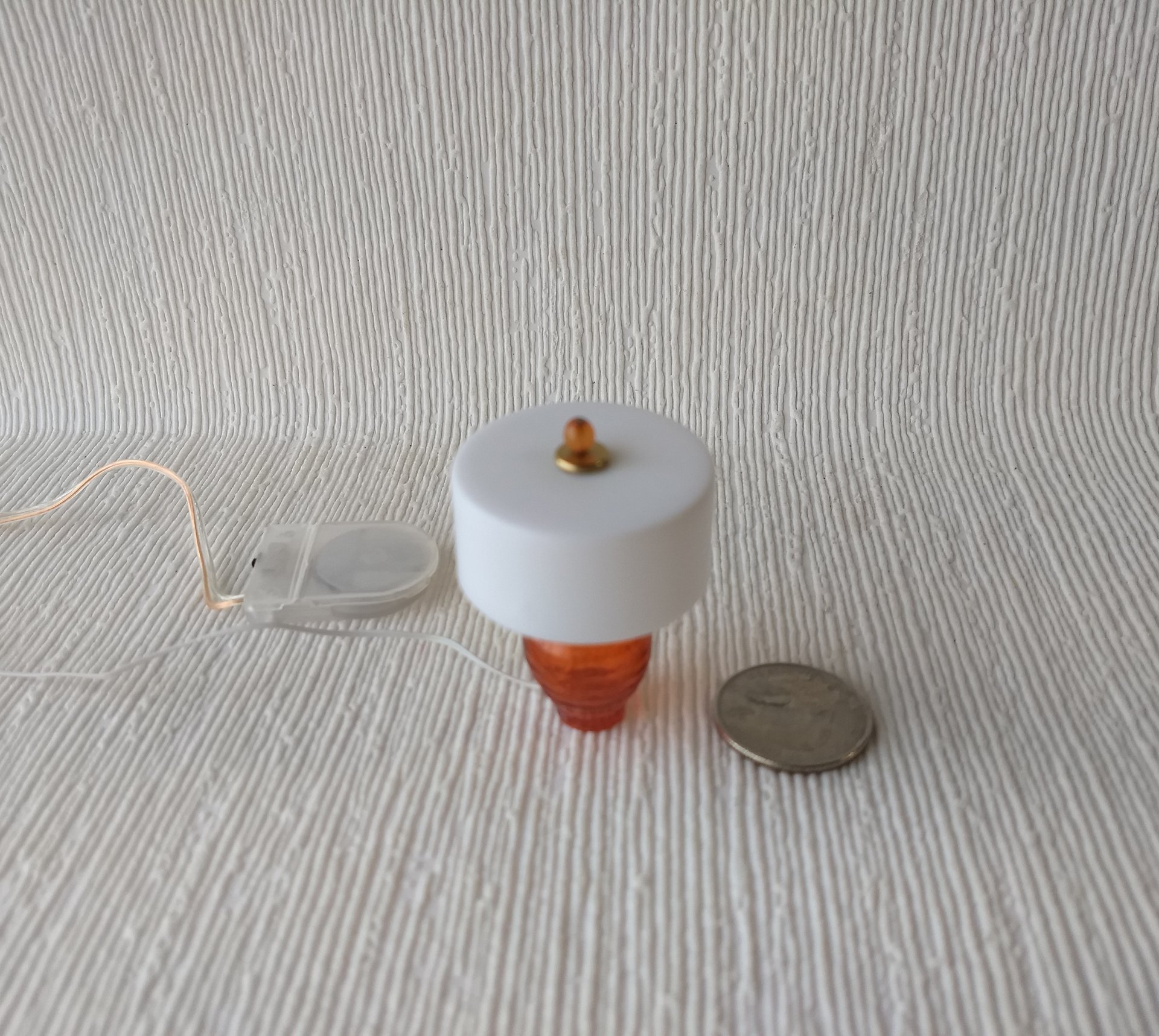 1:12 Dollhouse table lamp white drum shade and clear orange textured vase Minaiture LED lamp with external wires