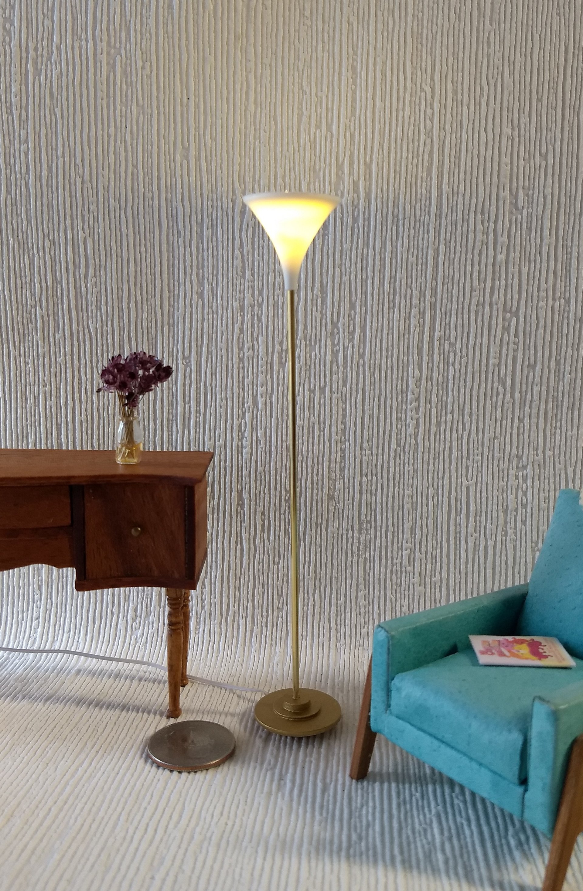 1:12 Dollhouse floor lamp Mid-century styled tulip torchiere lamp MCM retro style floor lamp Battery operated with external wires