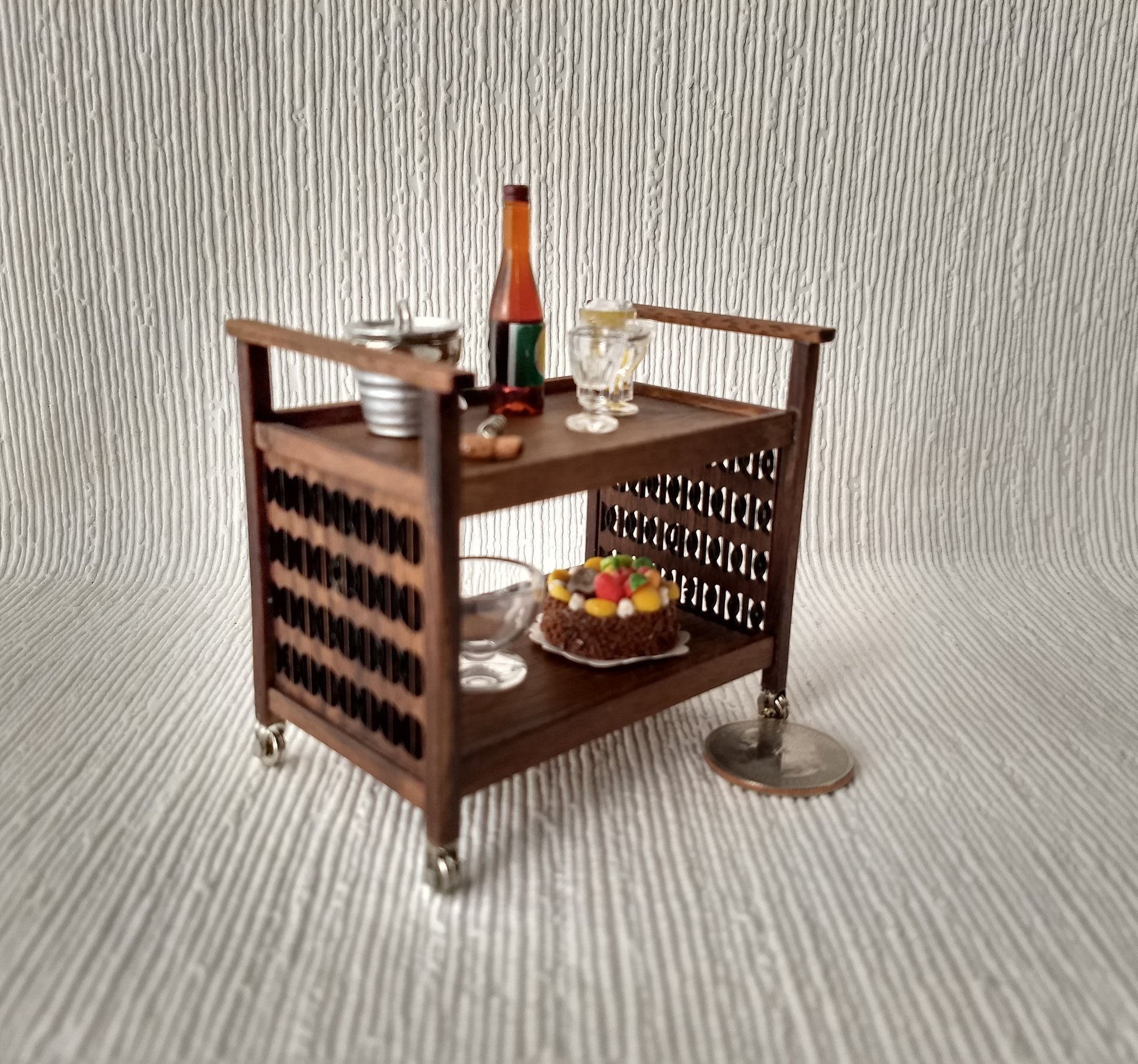 RESERVED 1:12 Dollhouse Mid-century styled TV cart in solid walnut MCM bar cart or tea trolley