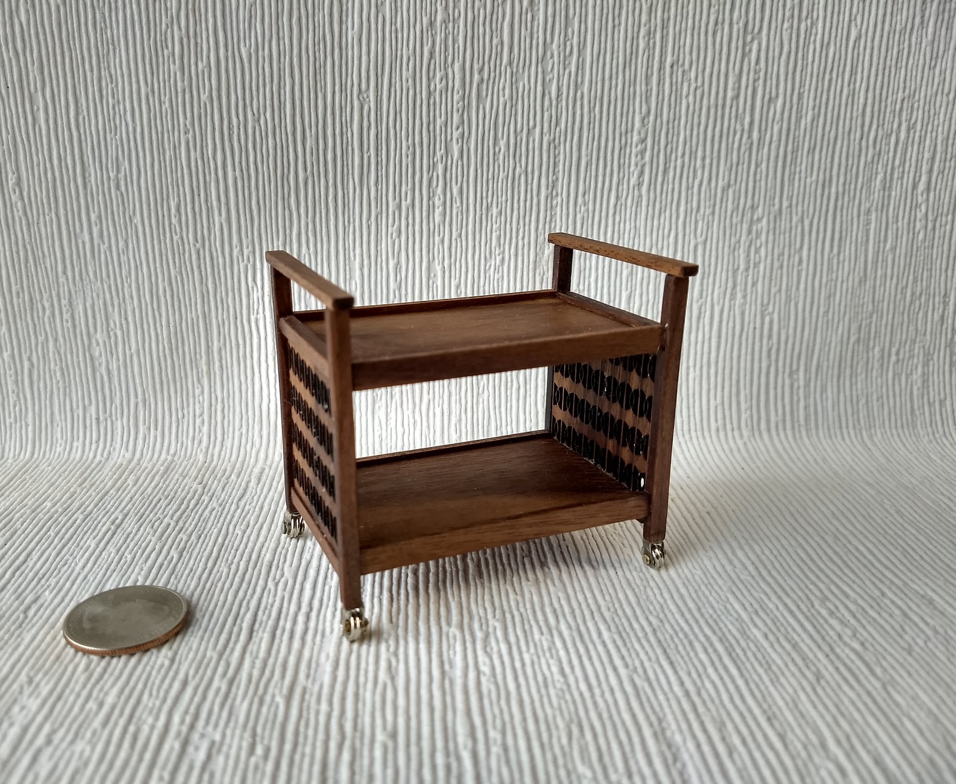 RESERVED 1:12 Dollhouse Mid-century styled TV cart in solid walnut MCM bar cart or tea trolley