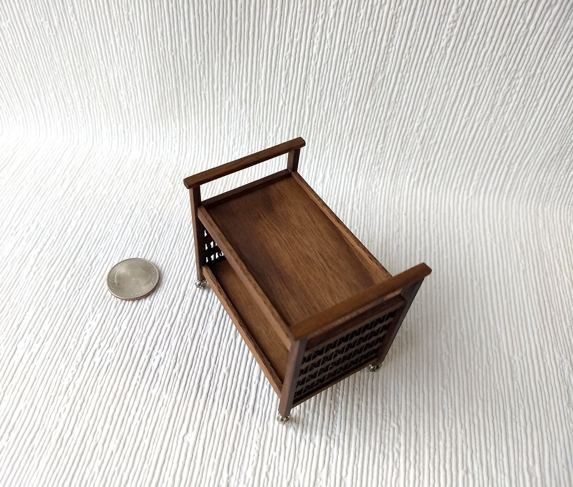 RESERVED 1:12 Dollhouse Mid-century styled TV cart in solid walnut MCM bar cart or tea trolley
