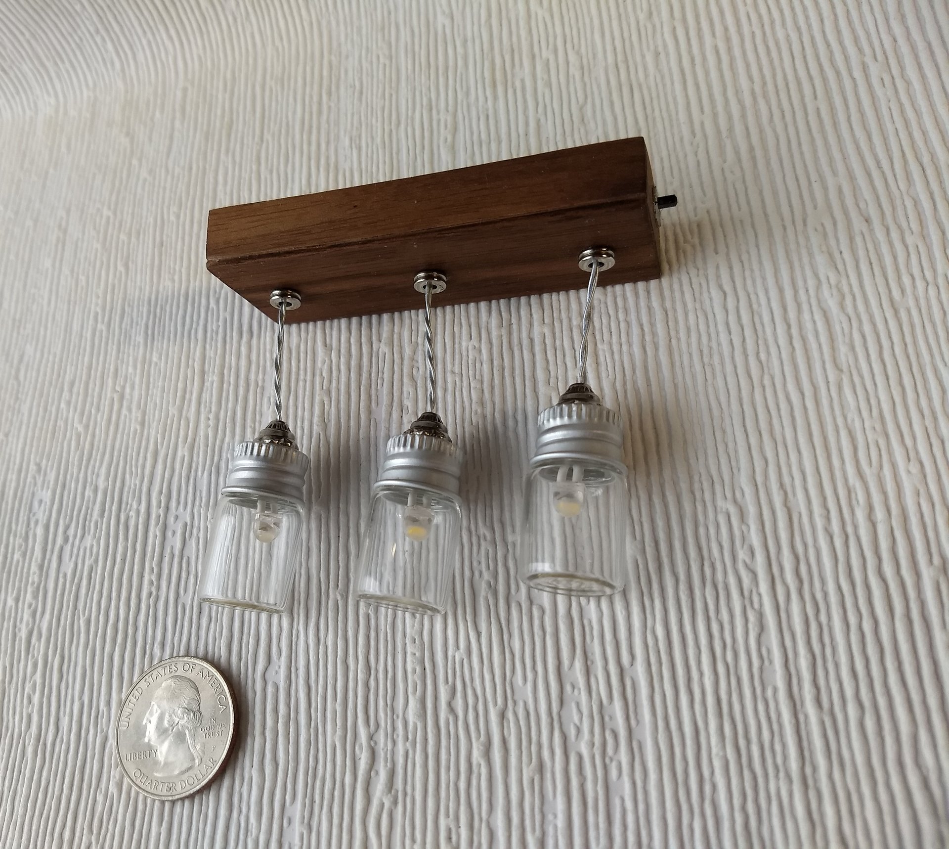 1:12 dollhouse battery operated glass jar lights Working kitchen island hanging 3-light with glass jar shades Dollhouse LED light