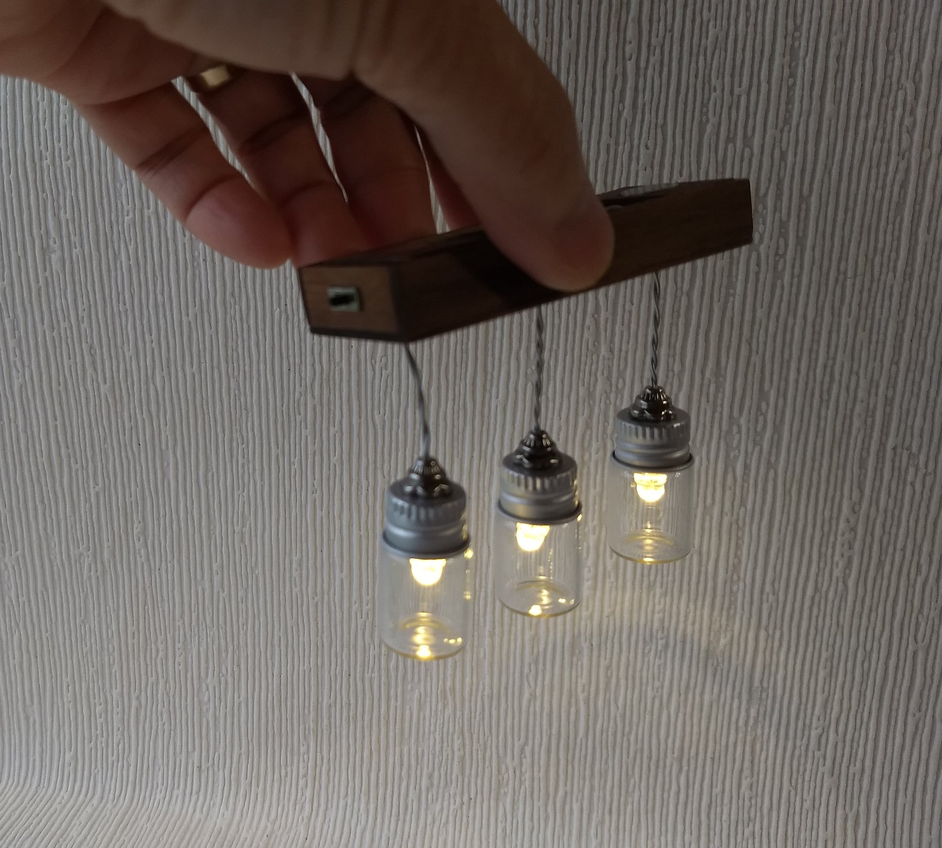 1:12 dollhouse battery operated glass jar lights Working kitchen island hanging 3-light with glass jar shades Dollhouse LED light