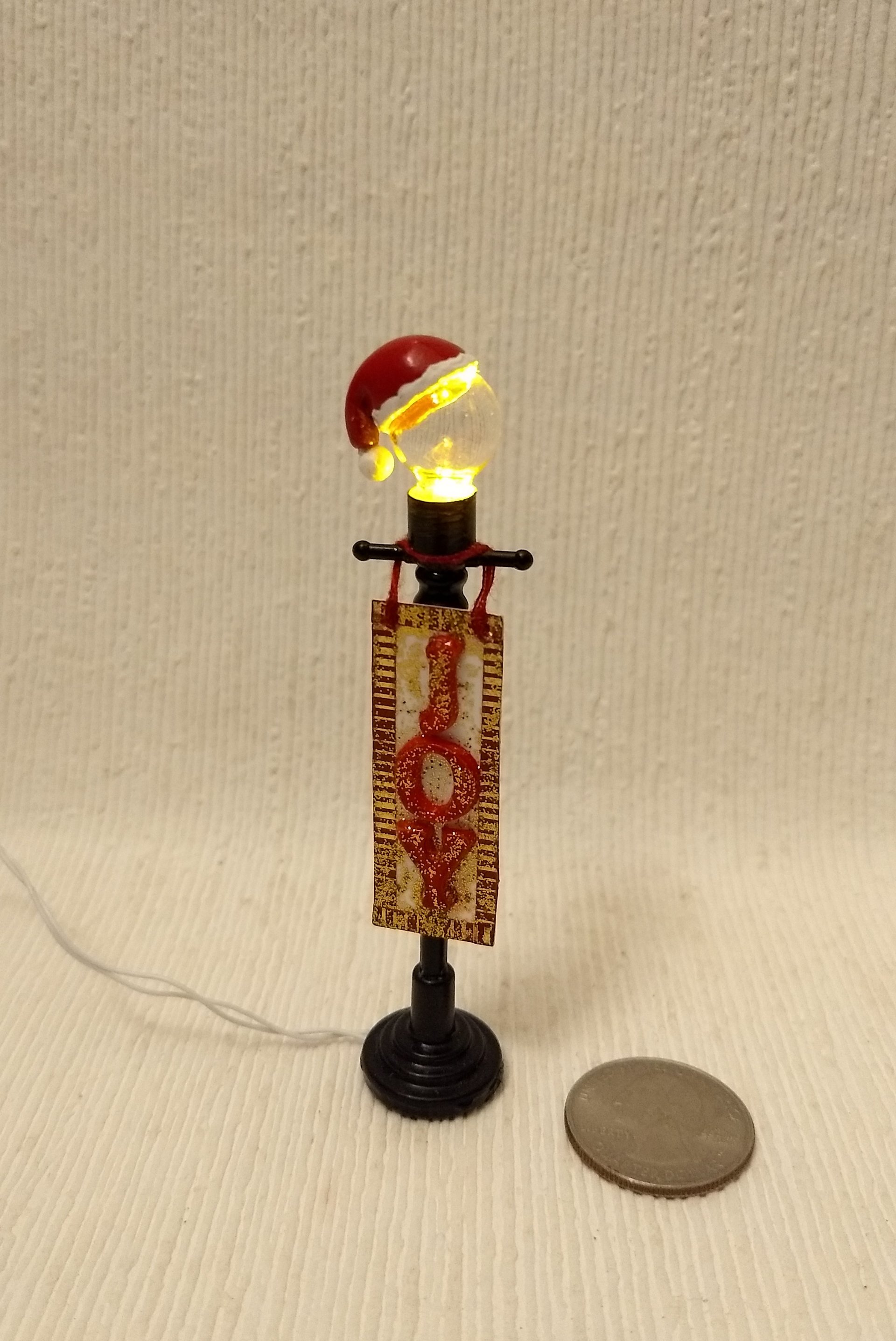 1:12 Dollhouse miniature lawn light JOY sign with Santa hat on lighted glass globe Holiday decor with external wires