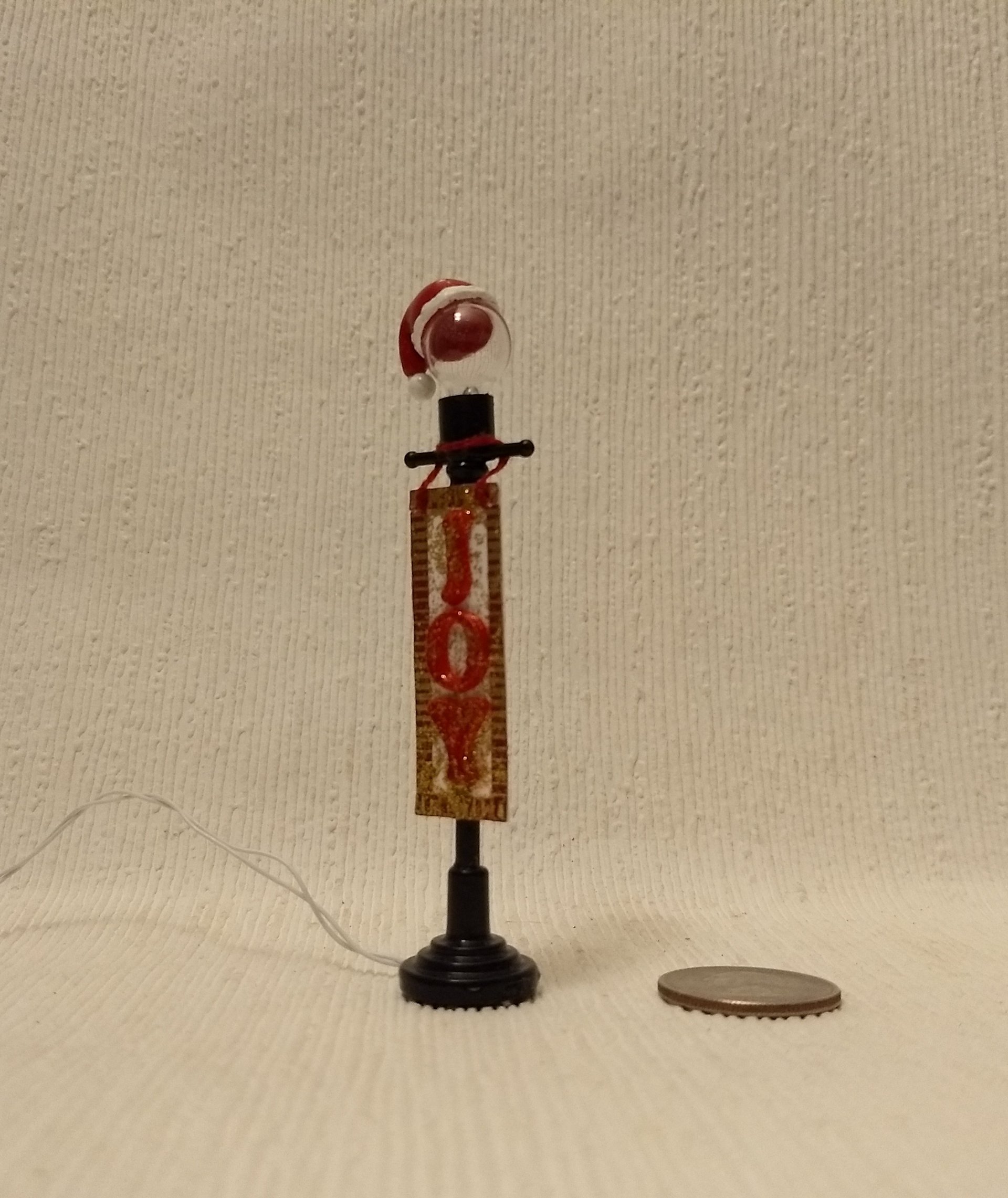 1:12 Dollhouse miniature lawn light JOY sign with Santa hat on lighted glass globe Holiday decor with external wires