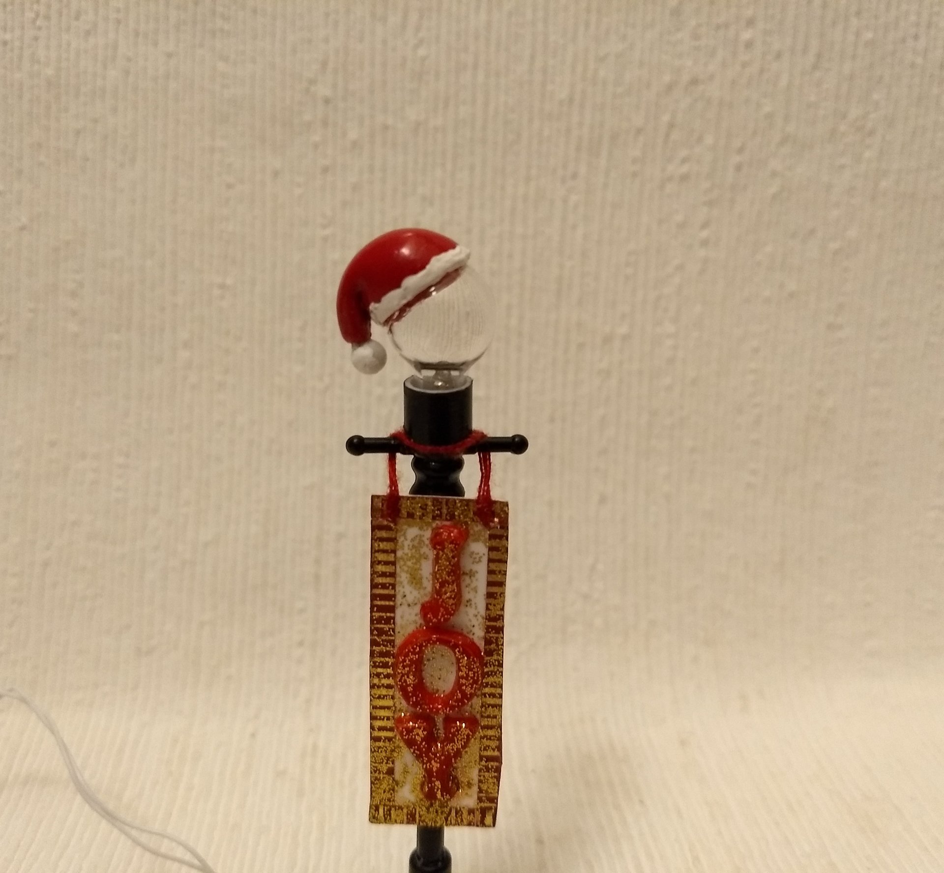1:12 Dollhouse miniature lawn light JOY sign with Santa hat on lighted glass globe Holiday decor with external wires