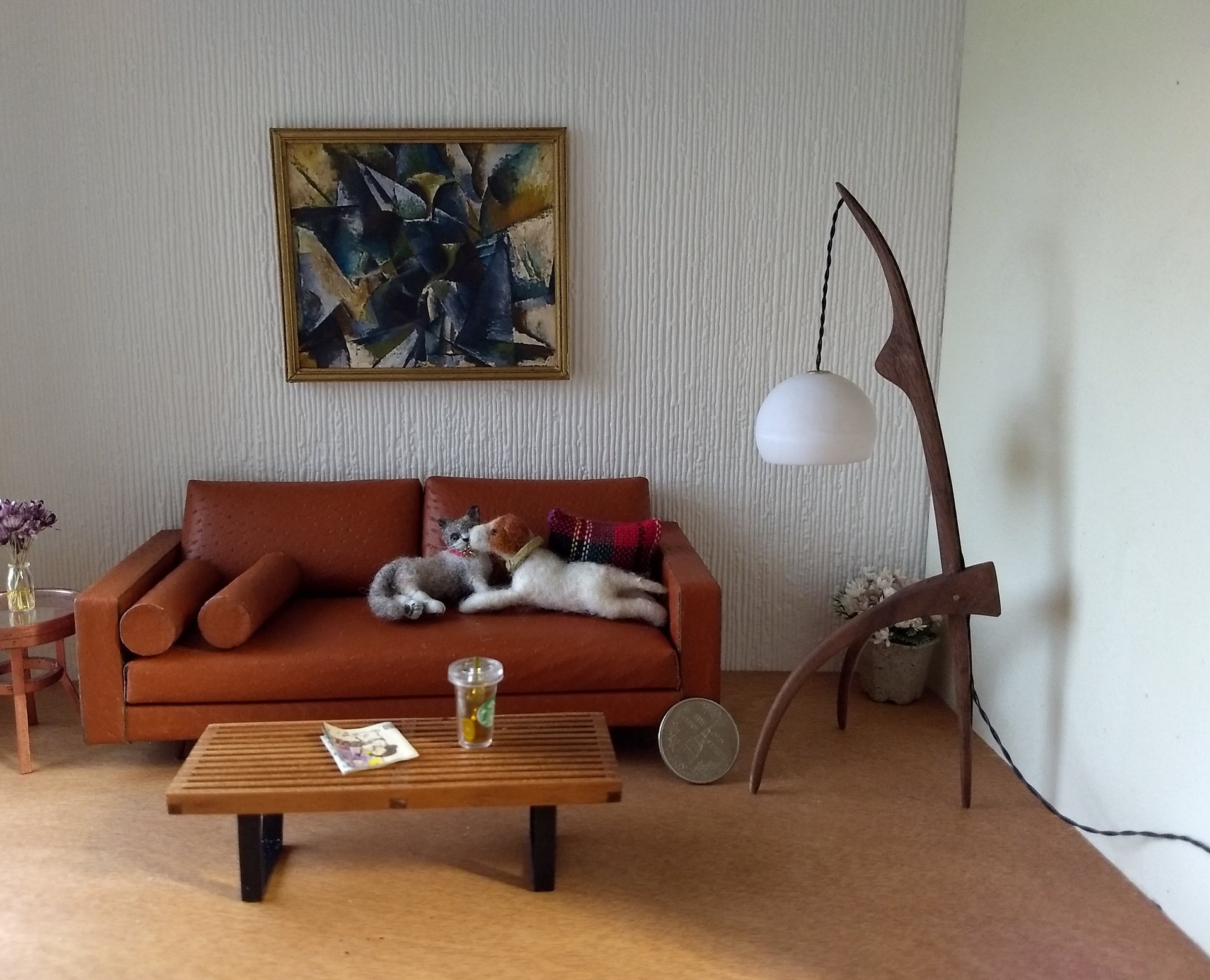 RESERVED 1:12 dollhouse miniature mid-century style floor lamp with sculptural tripod legs in solid walnut Battery operated miniature LED lamp