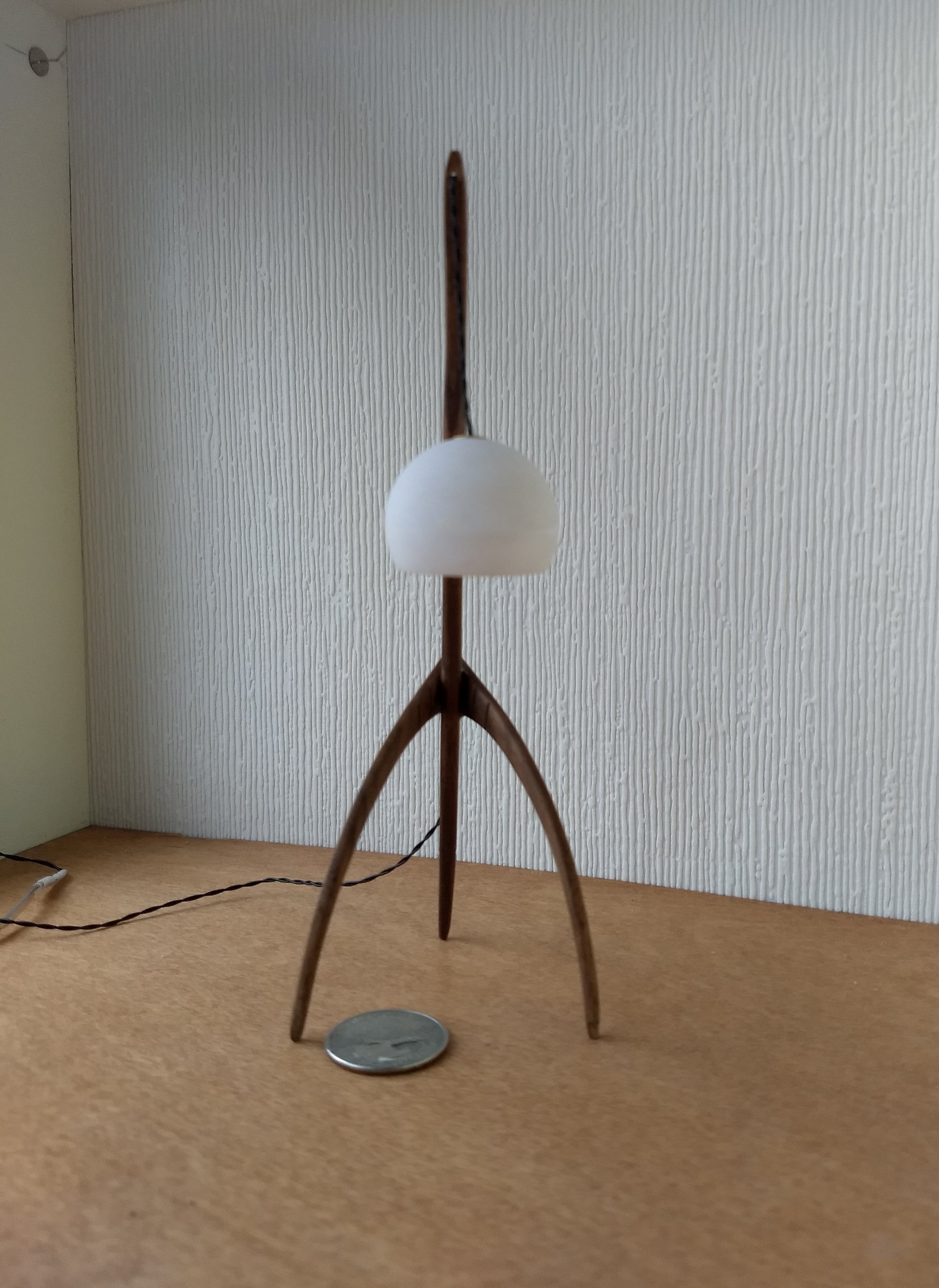 RESERVED 1:12 dollhouse miniature mid-century style floor lamp with sculptural tripod legs in solid walnut Battery operated miniature LED lamp
