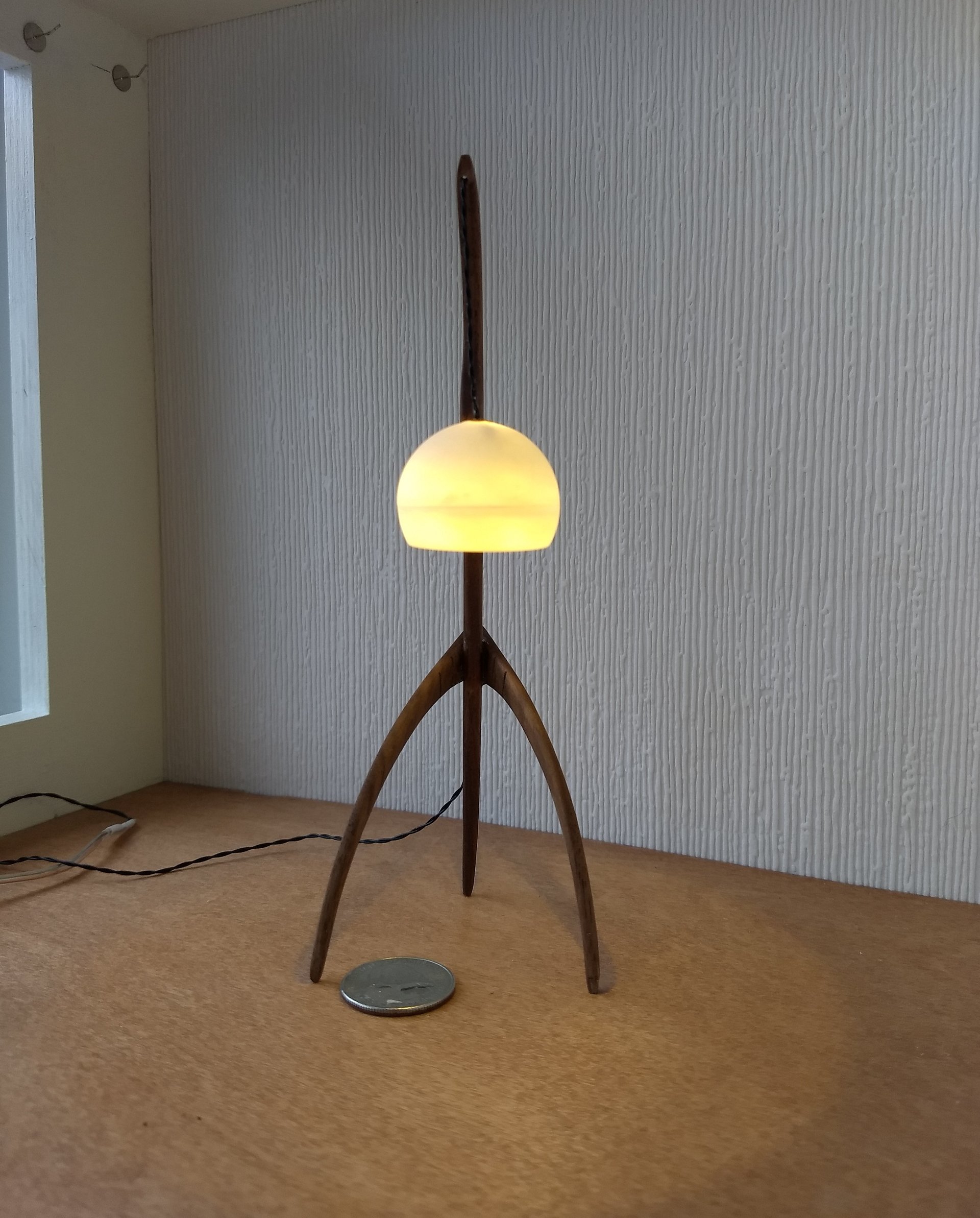RESERVED 1:12 dollhouse miniature mid-century style floor lamp with sculptural tripod legs in solid walnut Battery operated miniature LED lamp