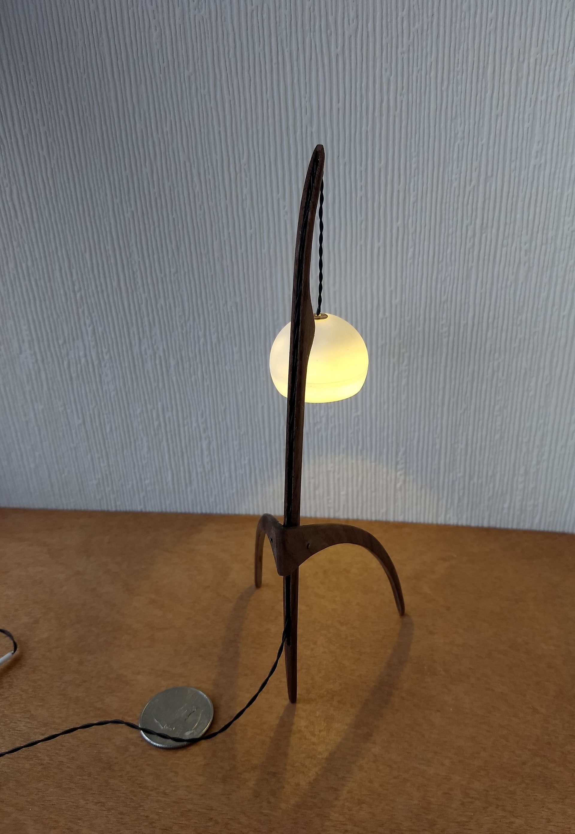 RESERVED 1:12 dollhouse miniature mid-century style floor lamp with sculptural tripod legs in solid walnut Battery operated miniature LED lamp