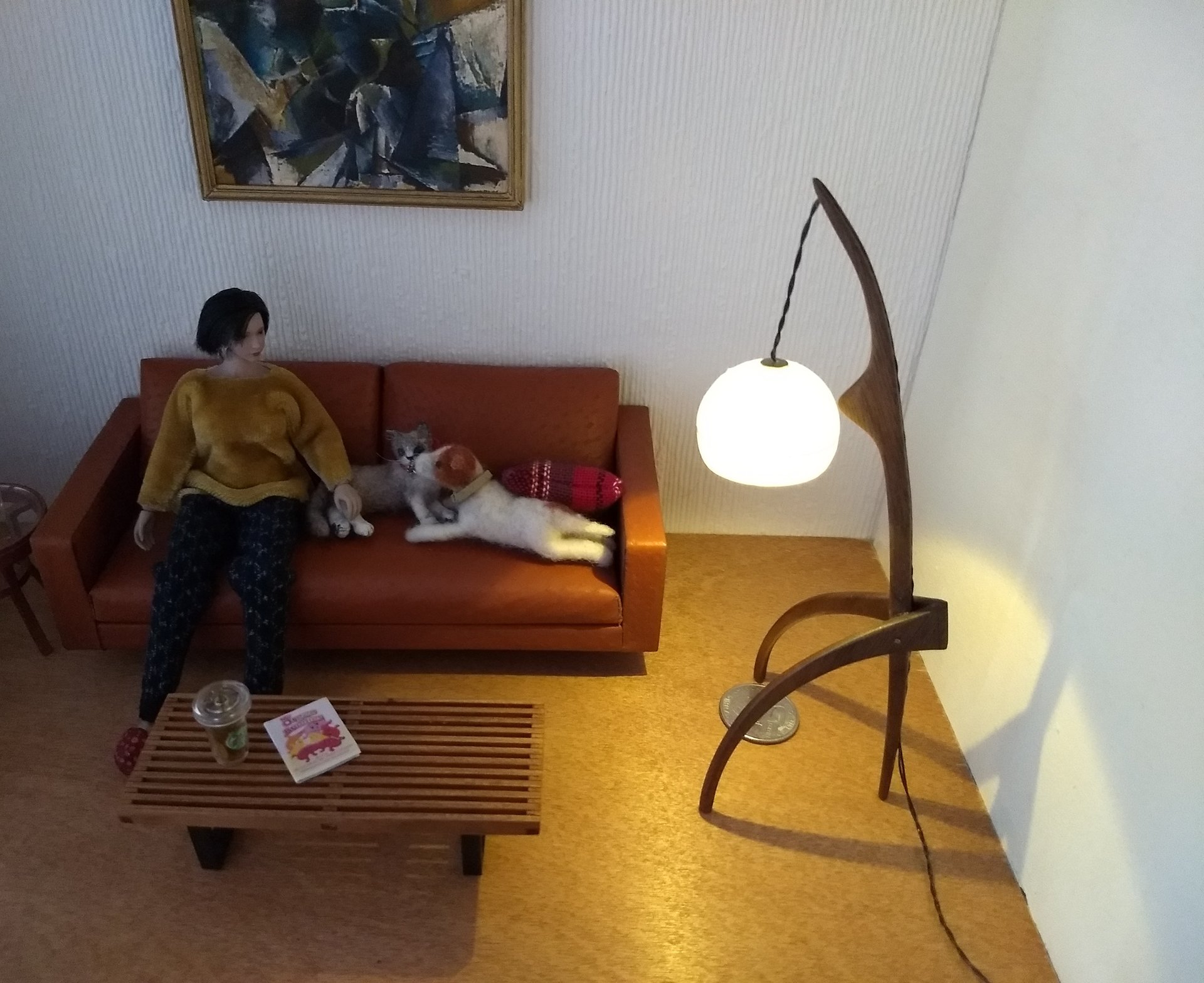 1:12 dollhouse miniature mid-century style floor lamp with sculptural tripod legs in solid walnut Battery operated miniature LED lamp