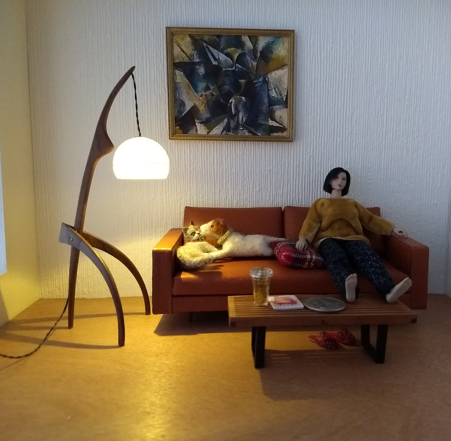 1:12 dollhouse miniature mid-century style floor lamp with sculptural tripod legs in solid walnut Battery operated miniature LED lamp