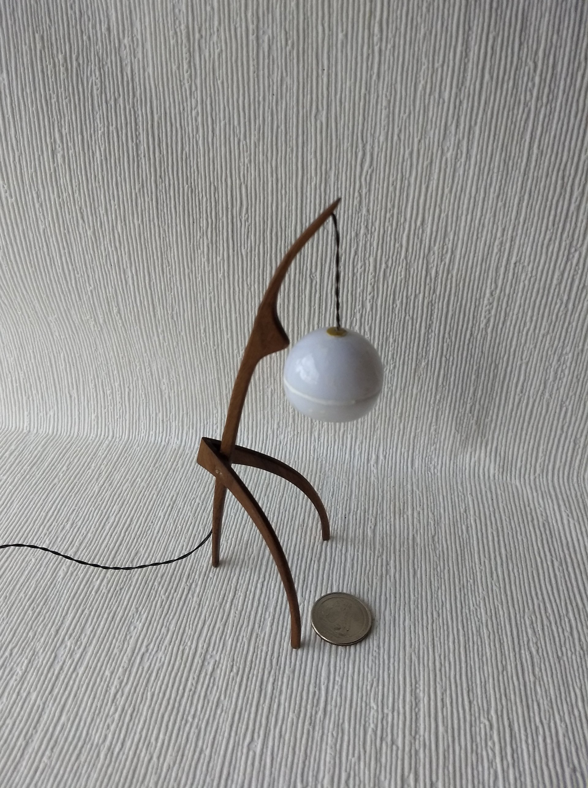 1:12 dollhouse miniature mid-century style floor lamp with sculptural tripod legs in solid walnut Battery operated miniature LED lamp