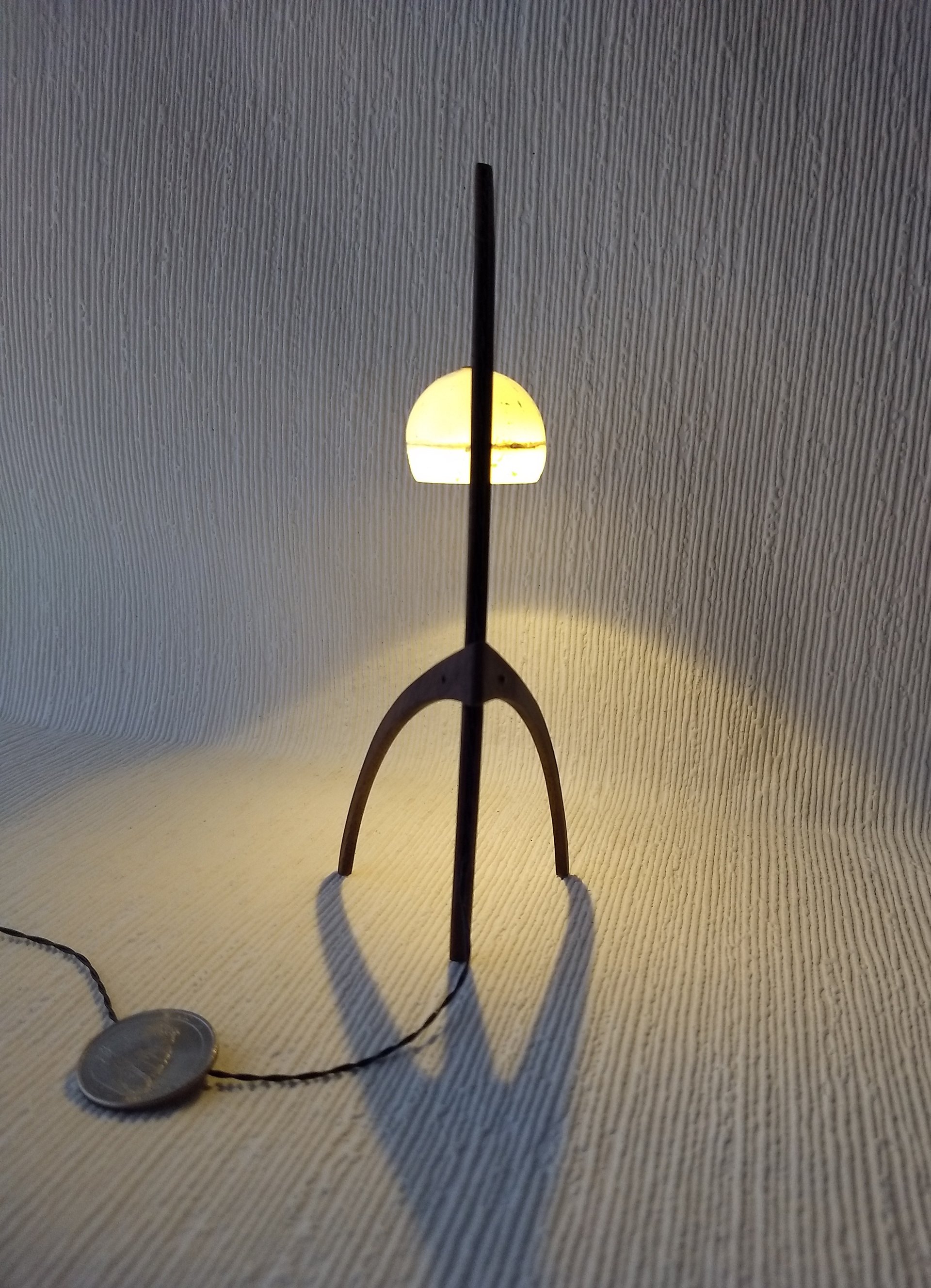 1:12 dollhouse miniature mid-century style floor lamp with sculptural tripod legs in solid walnut Battery operated miniature LED lamp