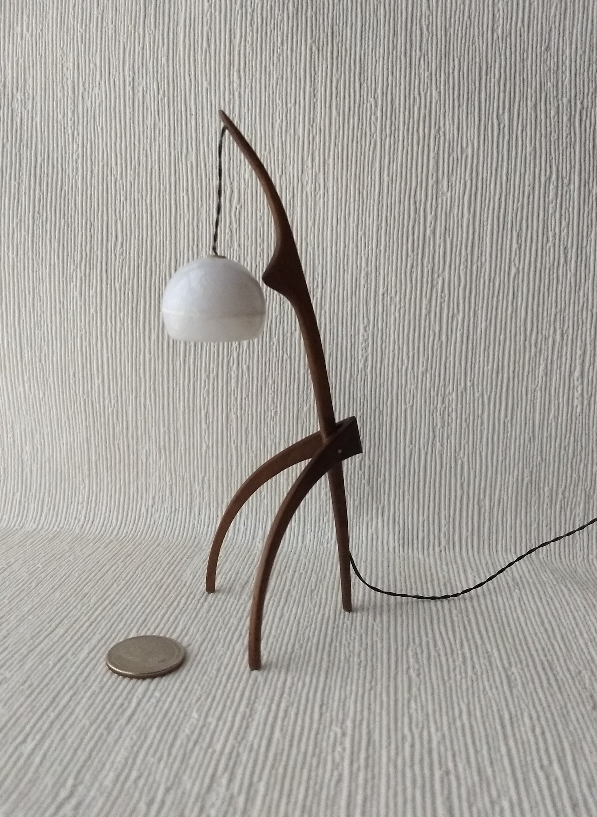 1:12 dollhouse miniature mid-century style floor lamp with sculptural tripod legs in solid walnut Battery operated miniature LED lamp