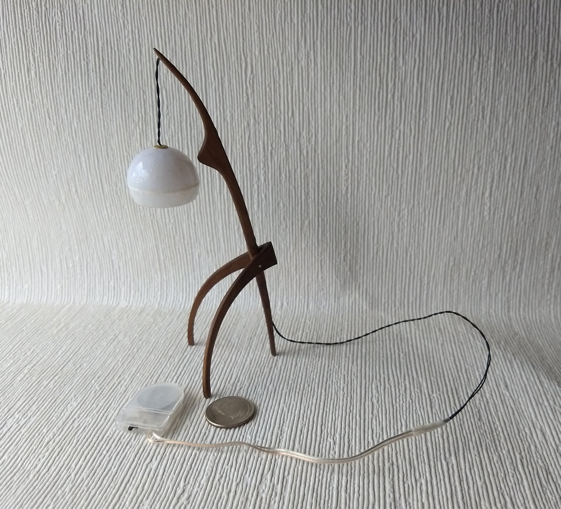 1:12 dollhouse miniature mid-century style floor lamp with sculptural tripod legs in solid walnut Battery operated miniature LED lamp