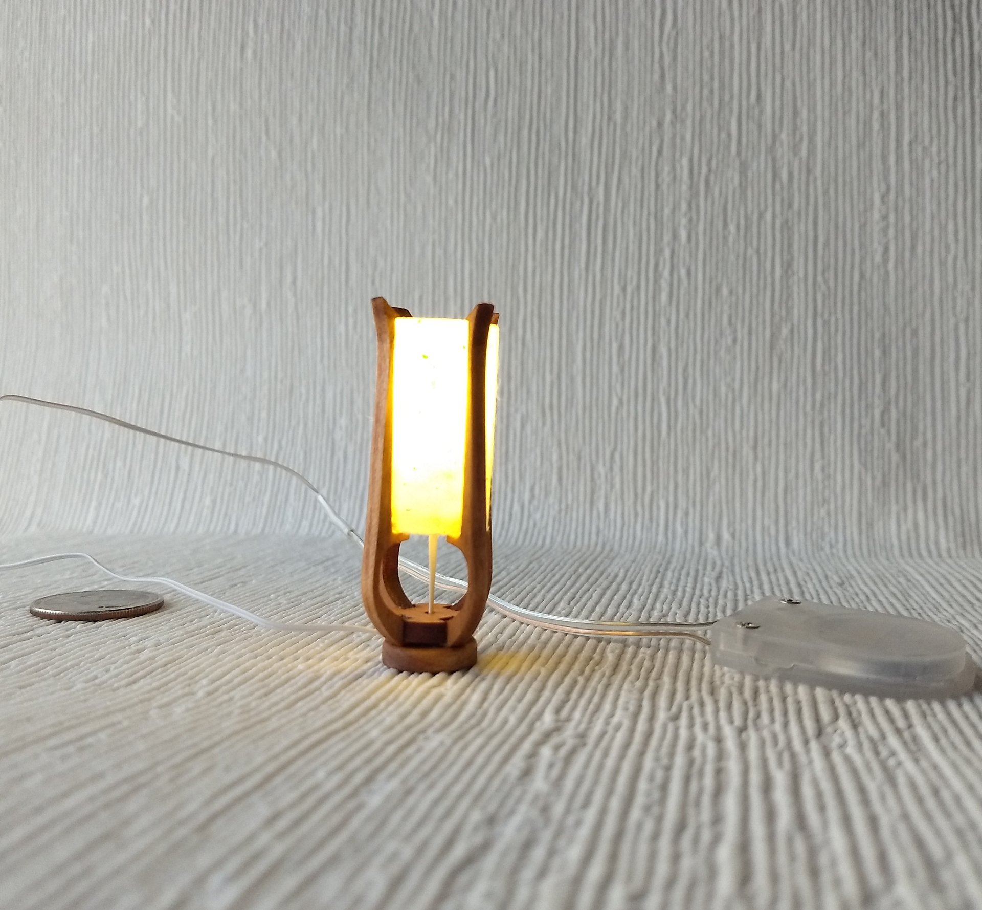 RESERVED 1:12 dollhouse miniature mid-century styled table lamp with sculptural frame made from solid cherry wood Battery operated LED light