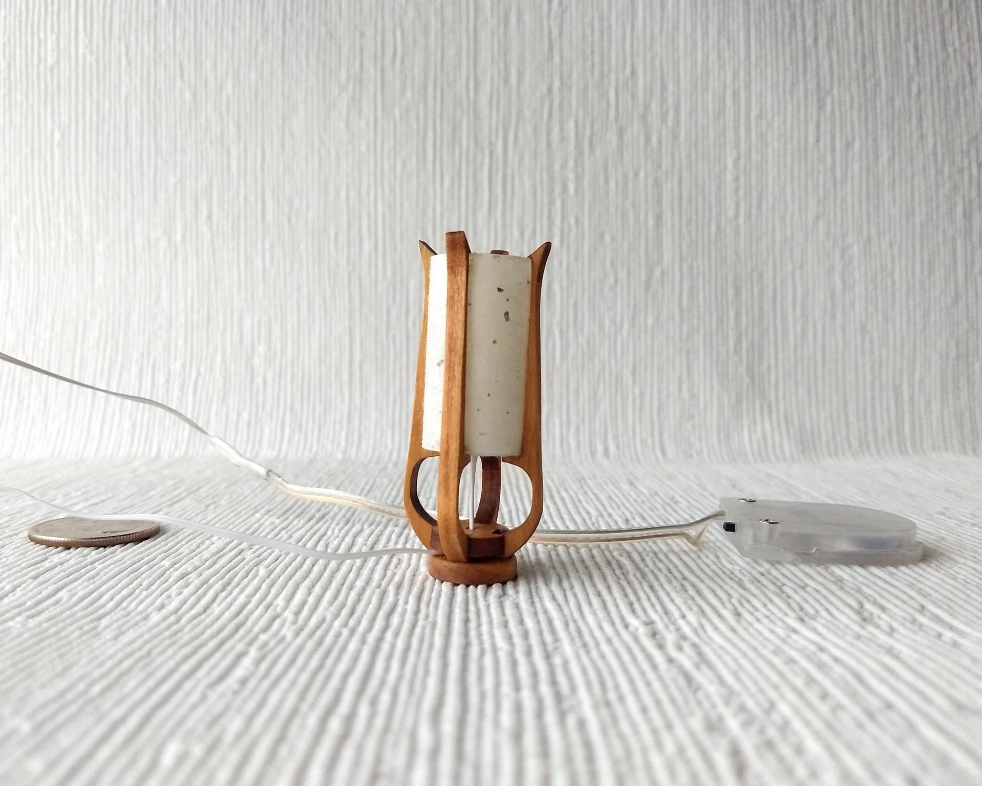 RESERVED 1:12 dollhouse miniature mid-century styled table lamp with sculptural frame made from solid cherry wood Battery operated LED light