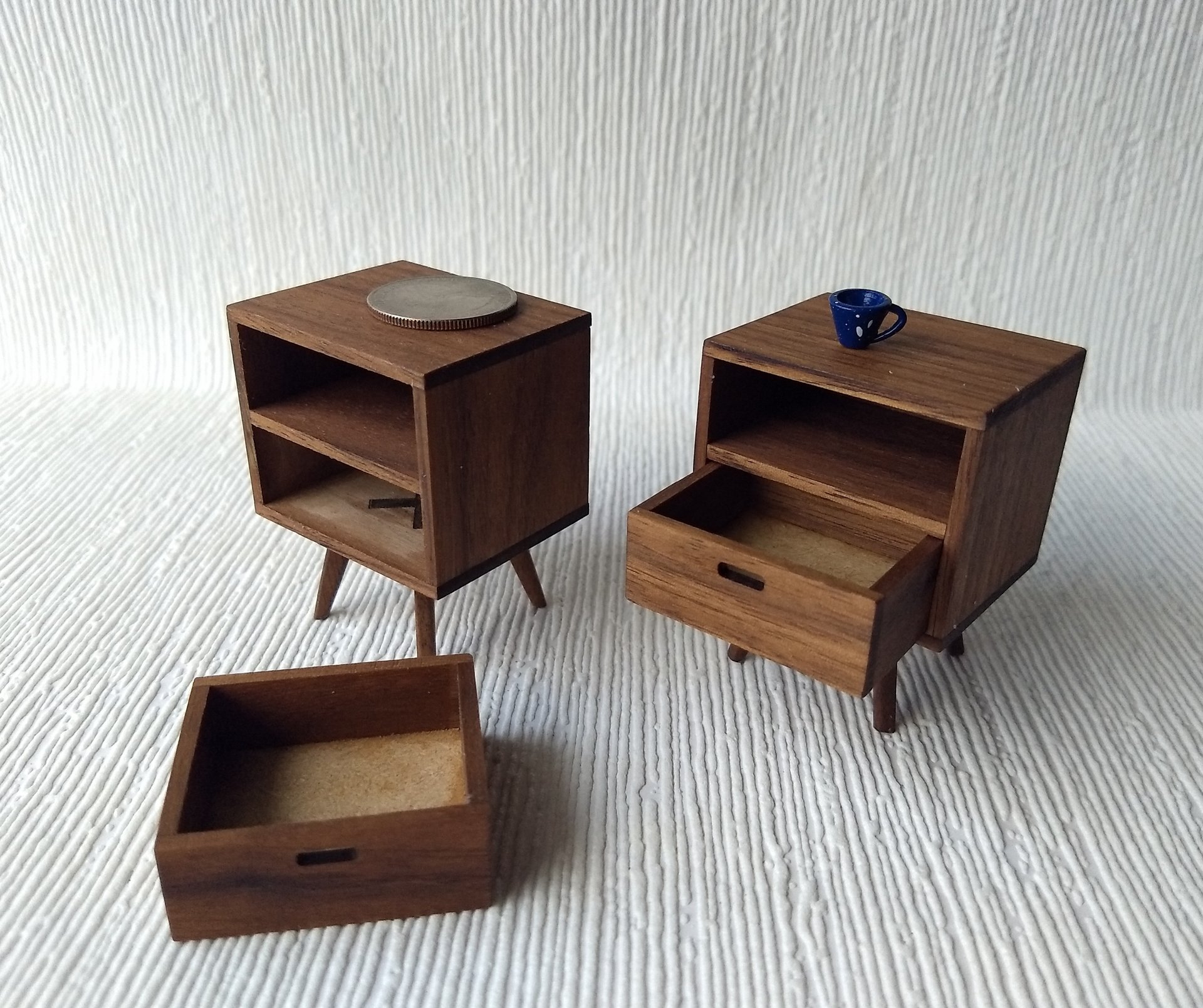 1:12 dollhouse miniature mid-century style night stand or end table made from solid walnut MCM side able Each has one working drawer Price is for EACH unit