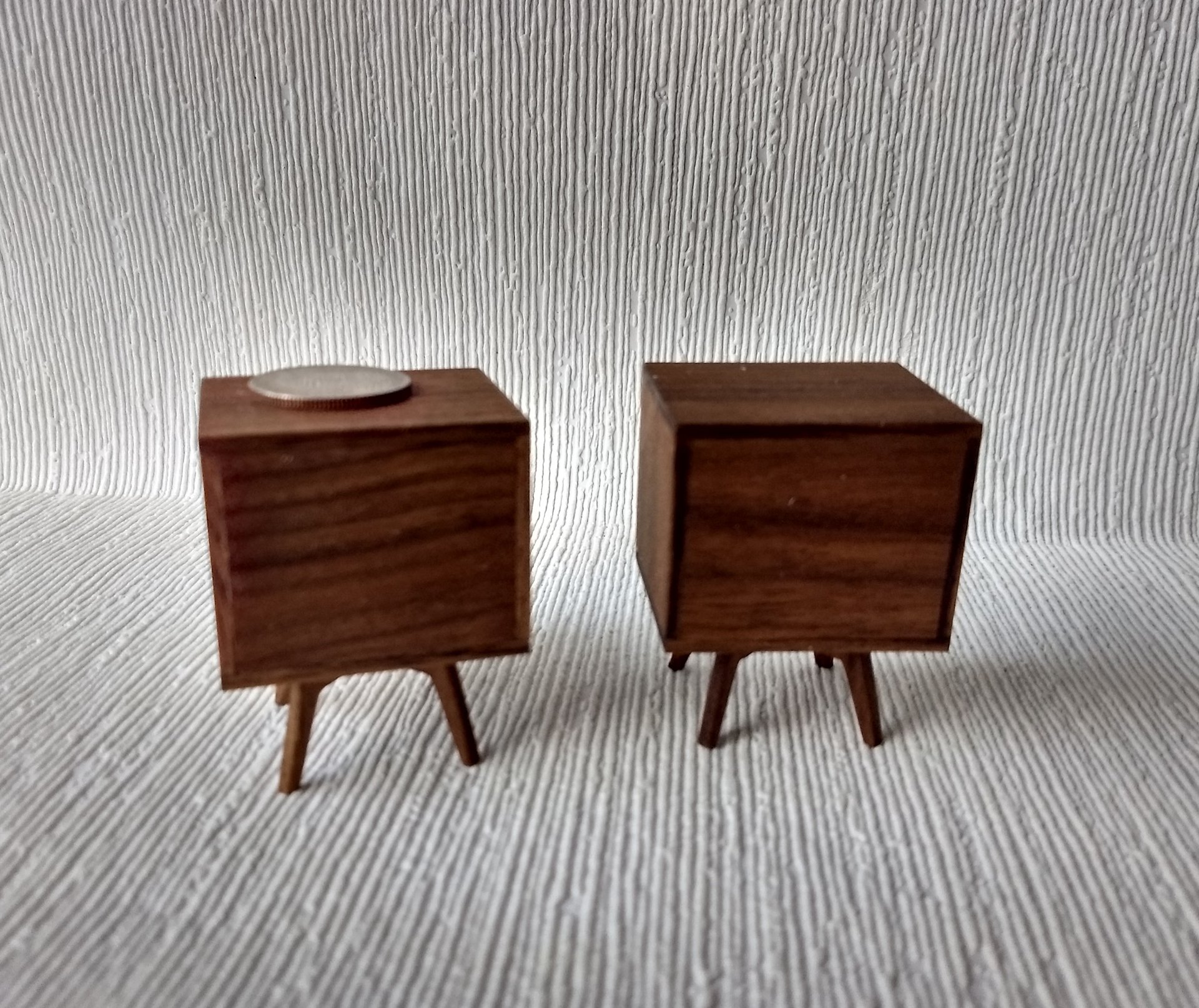 1:12 dollhouse miniature mid-century style night stand or end table made from solid walnut MCM side able Each has one working drawer Price is for EACH unit