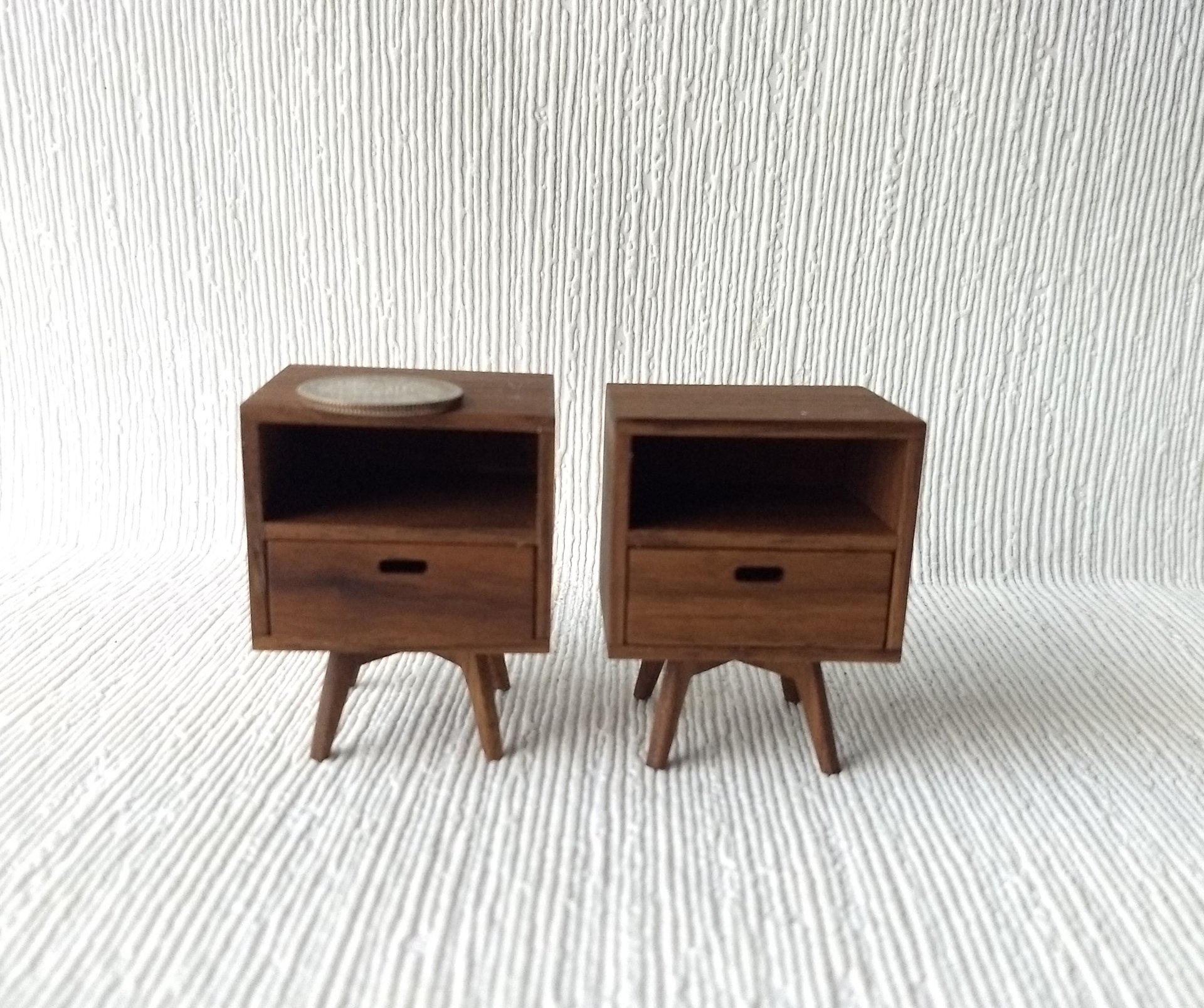 1:12 dollhouse miniature mid-century style night stand or end table made from solid walnut MCM side able Each has one working drawer Price is for EACH unit