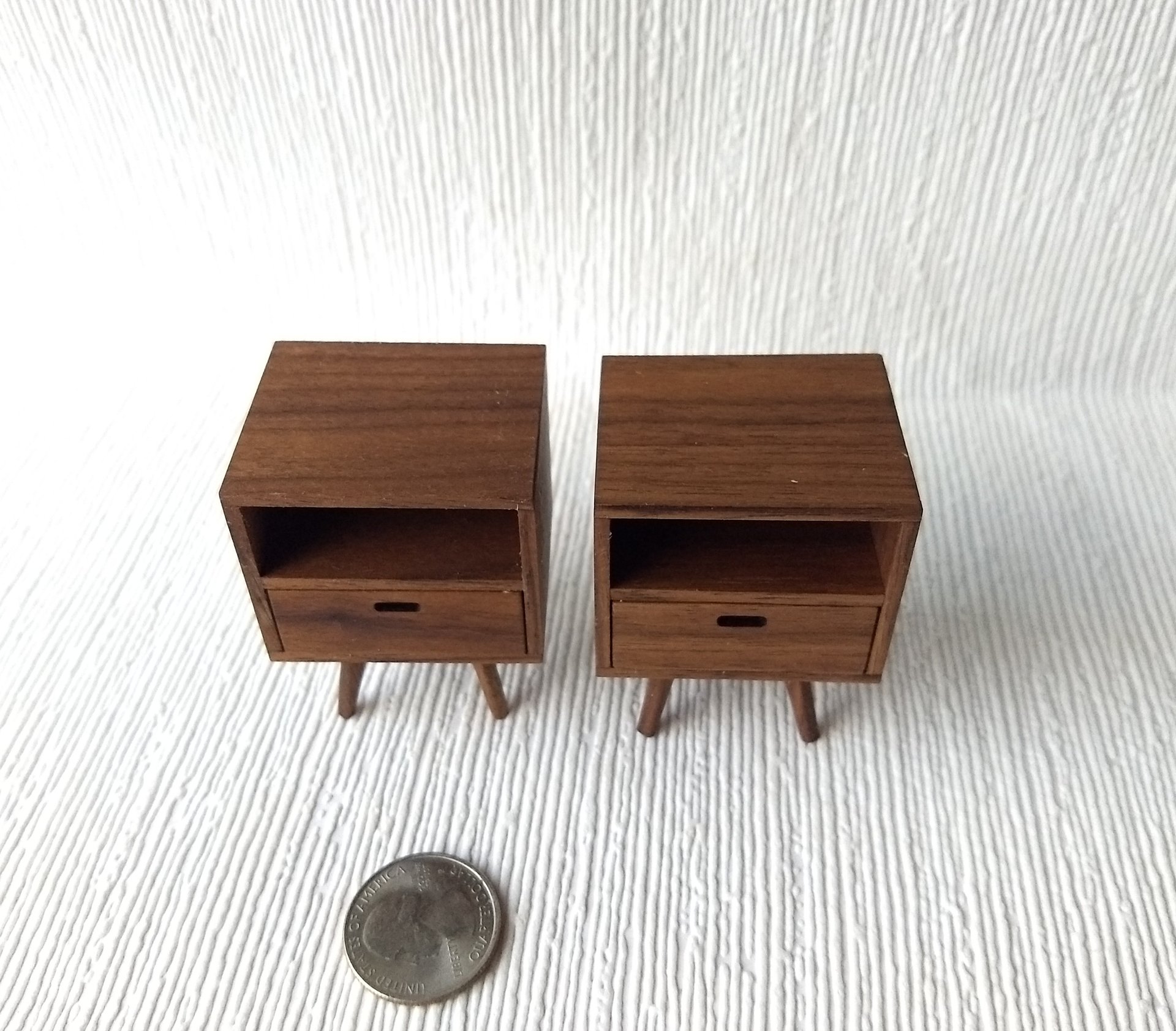 1:12 dollhouse miniature mid-century style night stand or end table made from solid walnut MCM side able Each has one working drawer Price is for EACH unit