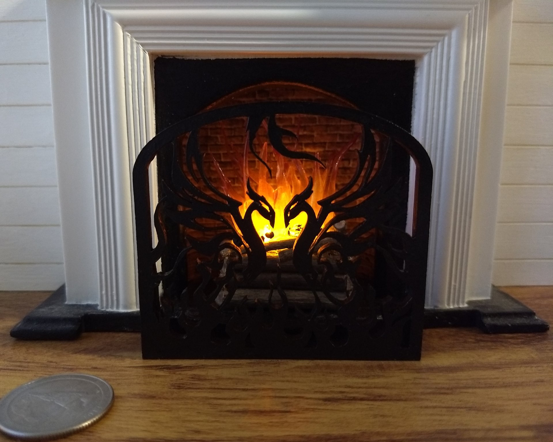 1:12 Dollhouse black fireplace screen with rising phoenixes Faux wrought iron single panel fireplace screen Black finish
